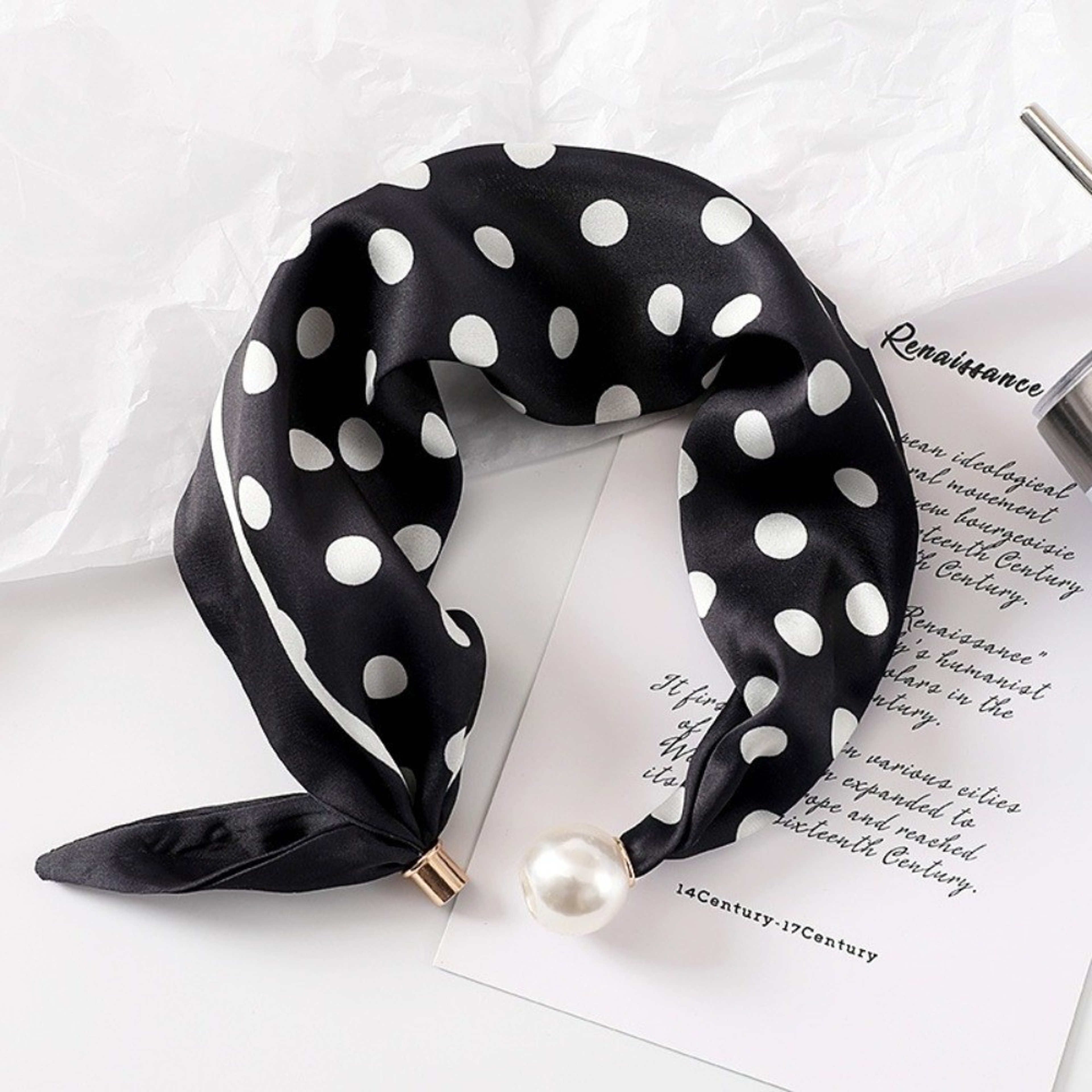 Elegant Silk Neck Scarf With Pearl Buckle For Women Lightweight Printed Neckerchief 8