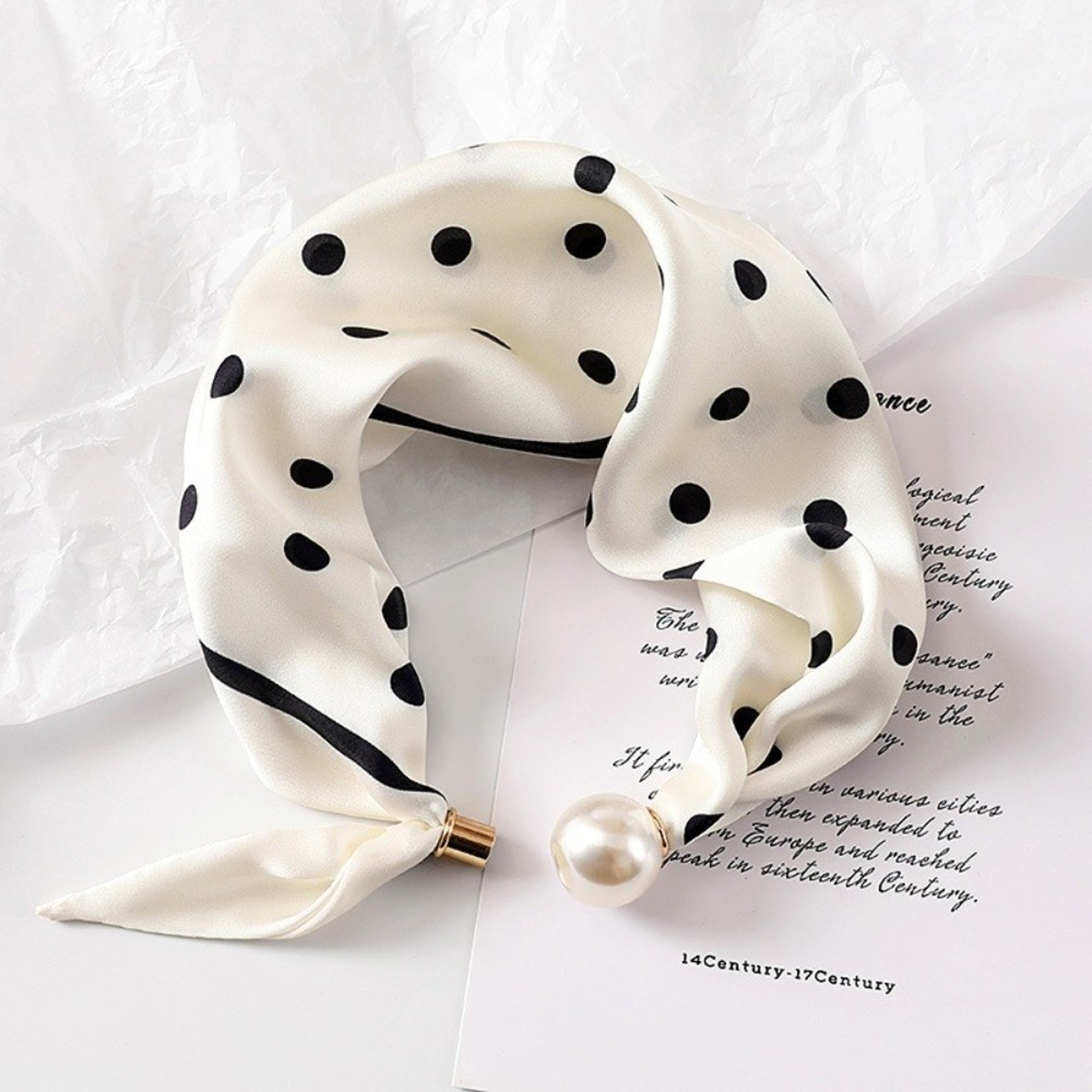 Elegant Silk Neck Scarf With Pearl Buckle For Women Lightweight Printed Neckerchief 7