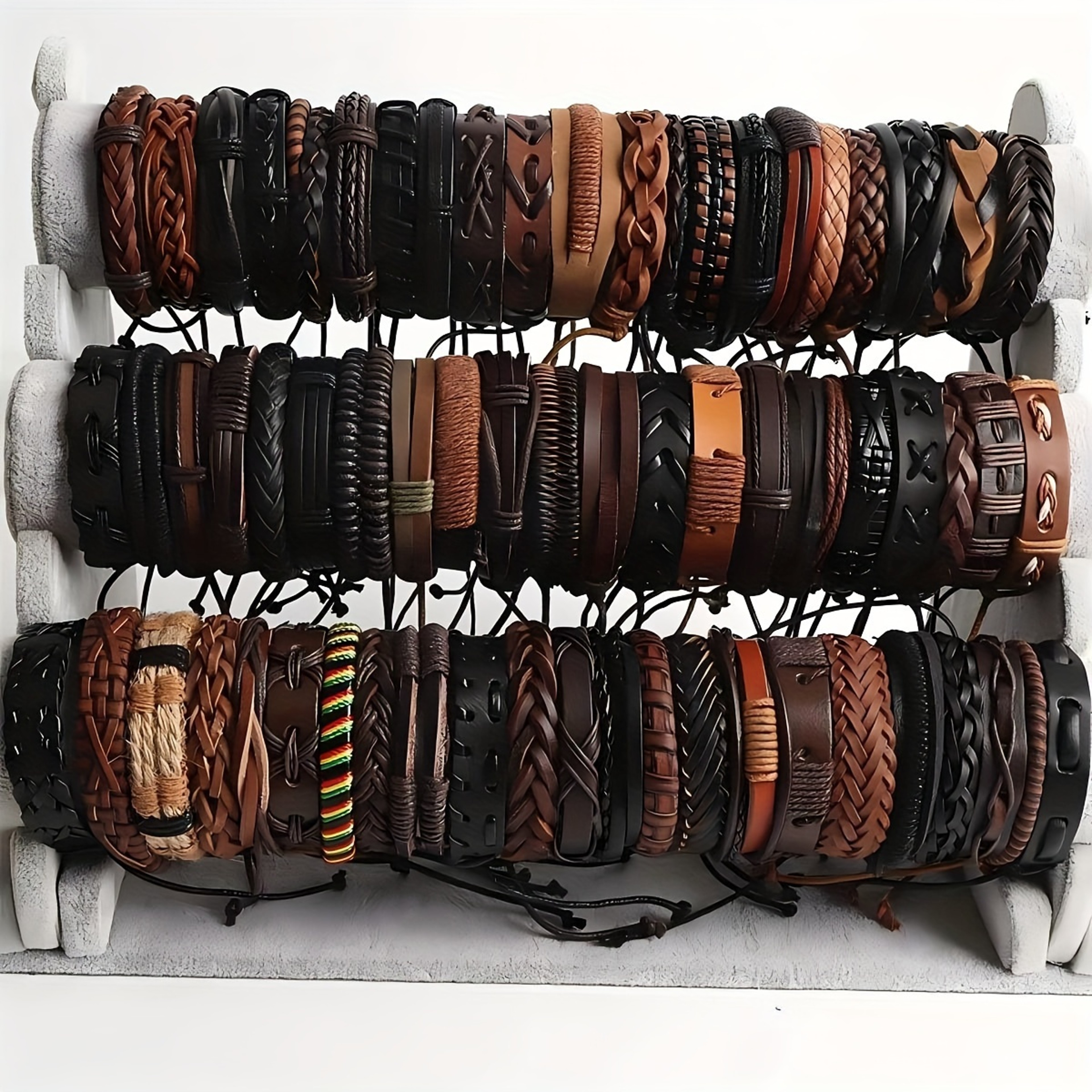 Handmade Braided Leather Bracelet Wrap Bracelet Set With Wood Beads For Men  Women 0