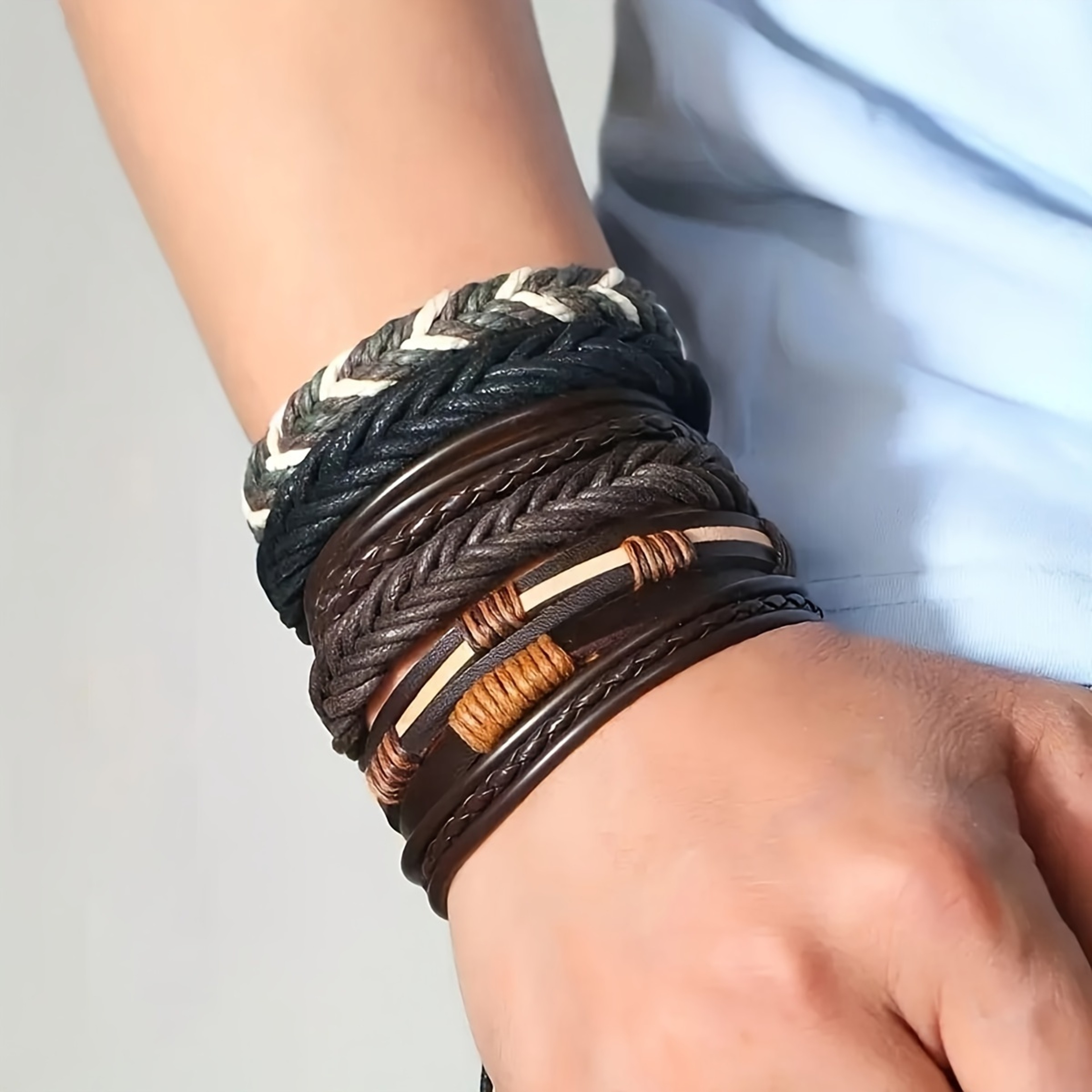 Handmade Braided Leather Bracelet Wrap Bracelet Set With Wood Beads For Men  Women 2