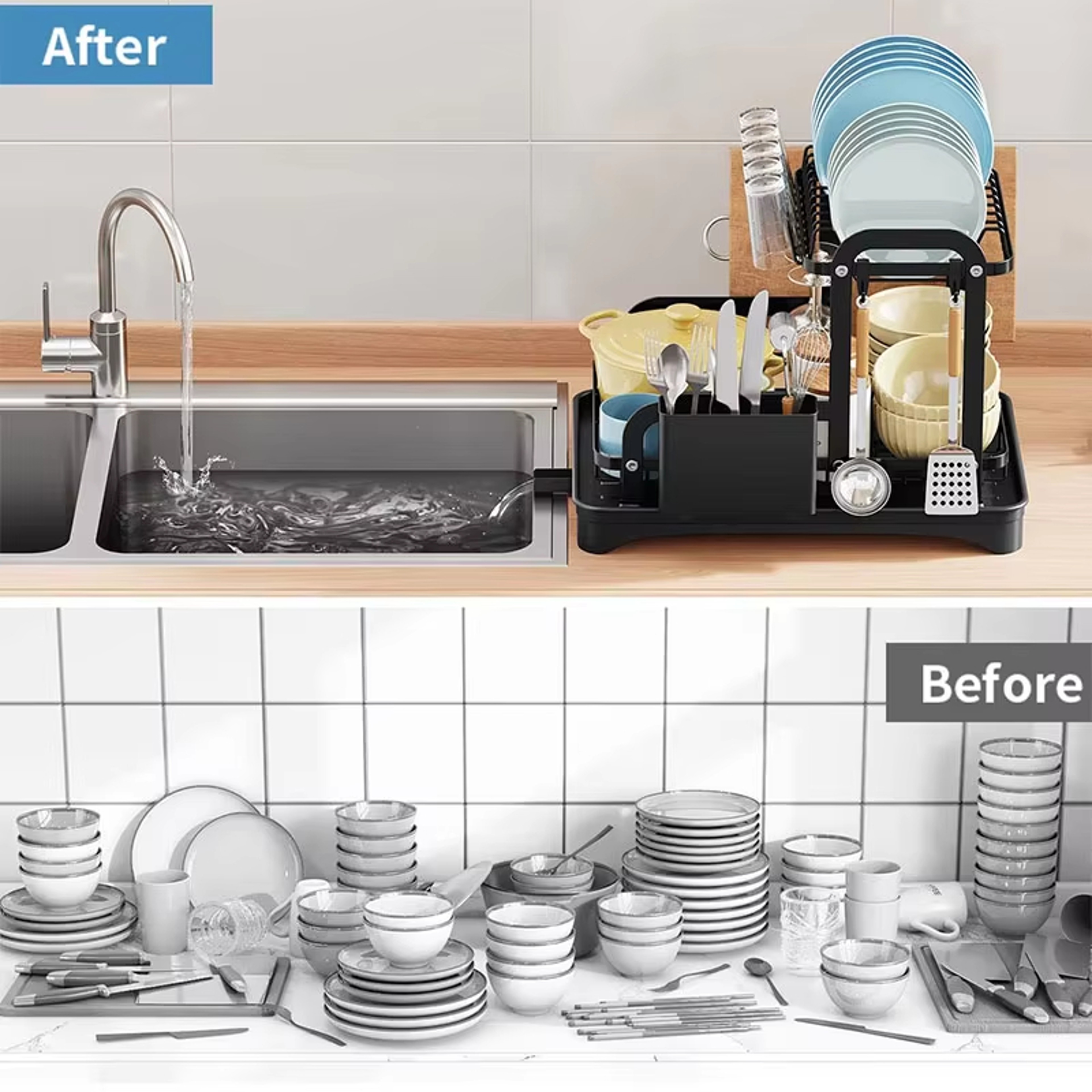 Dish Drying Rack Stainless Steel Kitchen Countertop Organizer With Drainage Tray  Cup Holder 2
