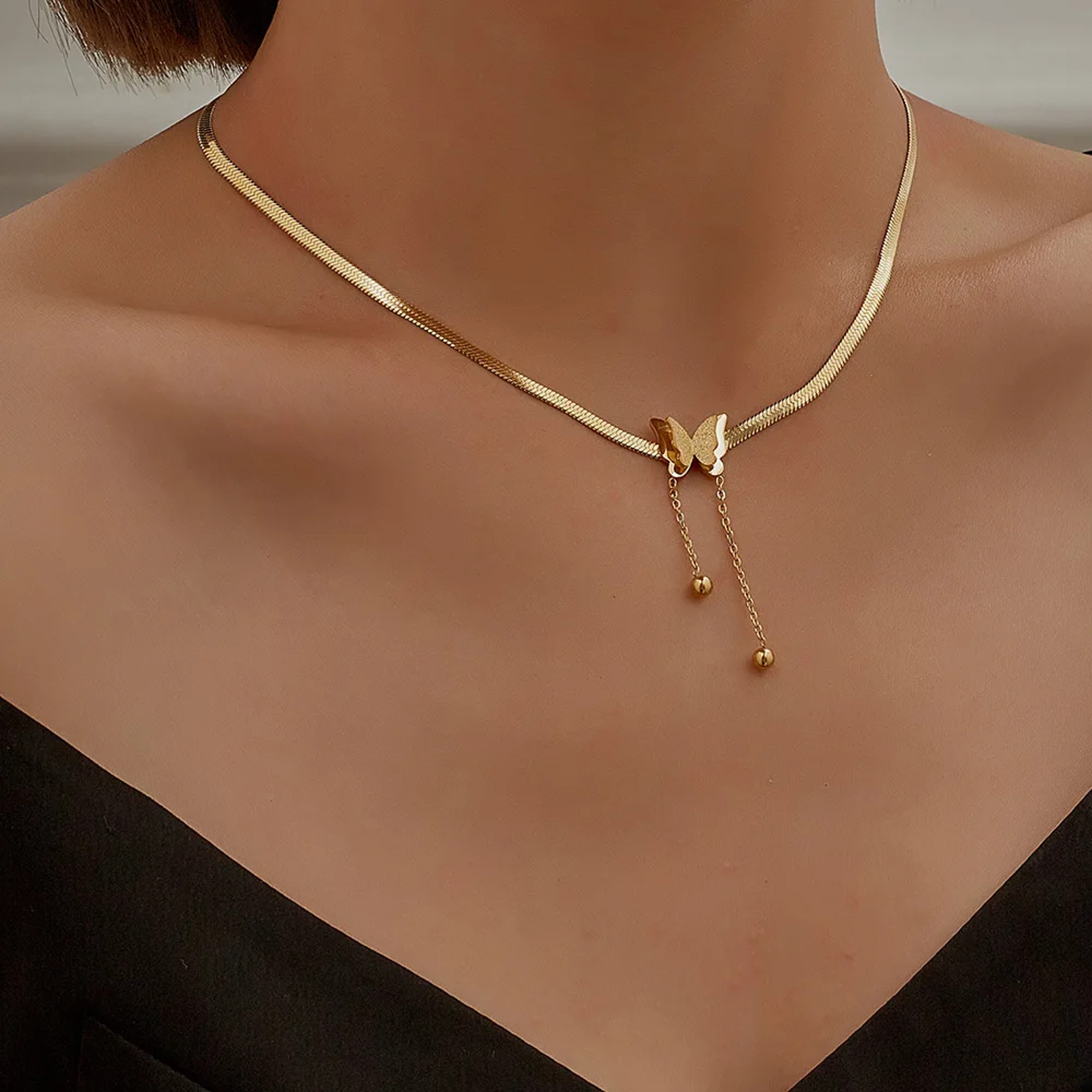 Vintage Butterfly Necklace For Women Gold Stainless Steel Snake Chain Pendant Choker 0