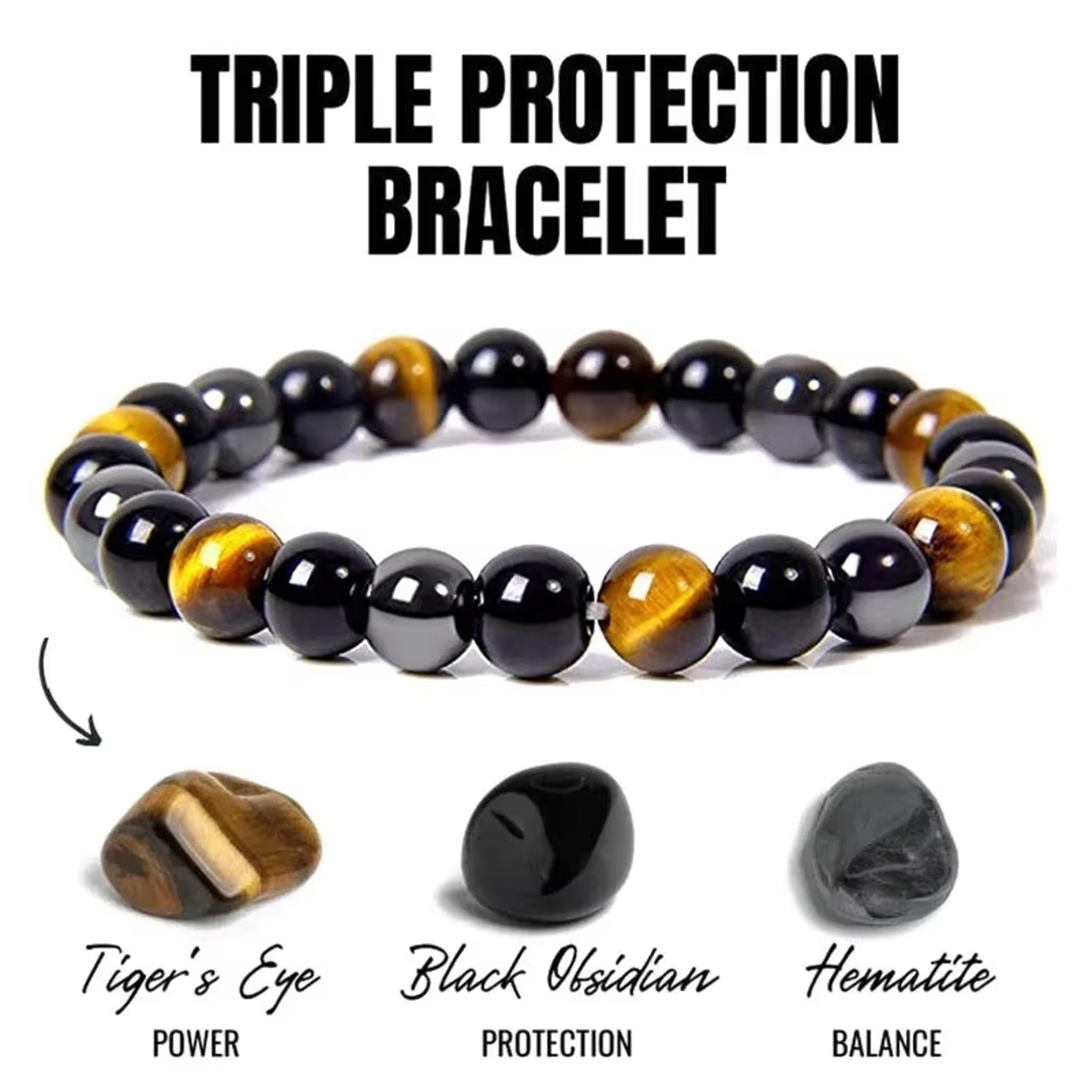Black Obsidian Bracelet With Tiger Eye  Hematite Beads For Men  Women 0
