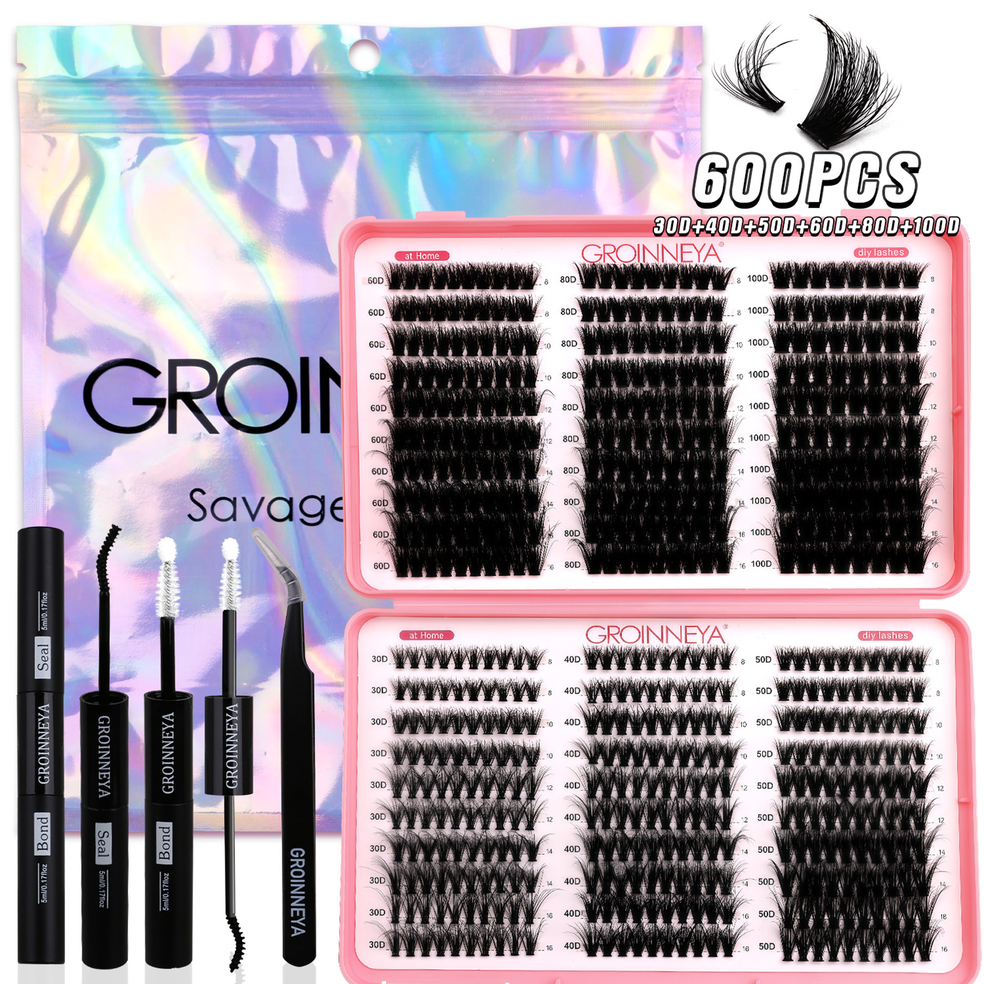 GROINNEYA DIY Lash Clusters Kit With Lash Extension Kit Bond  Seal Tweezers  Individual Lashes 1