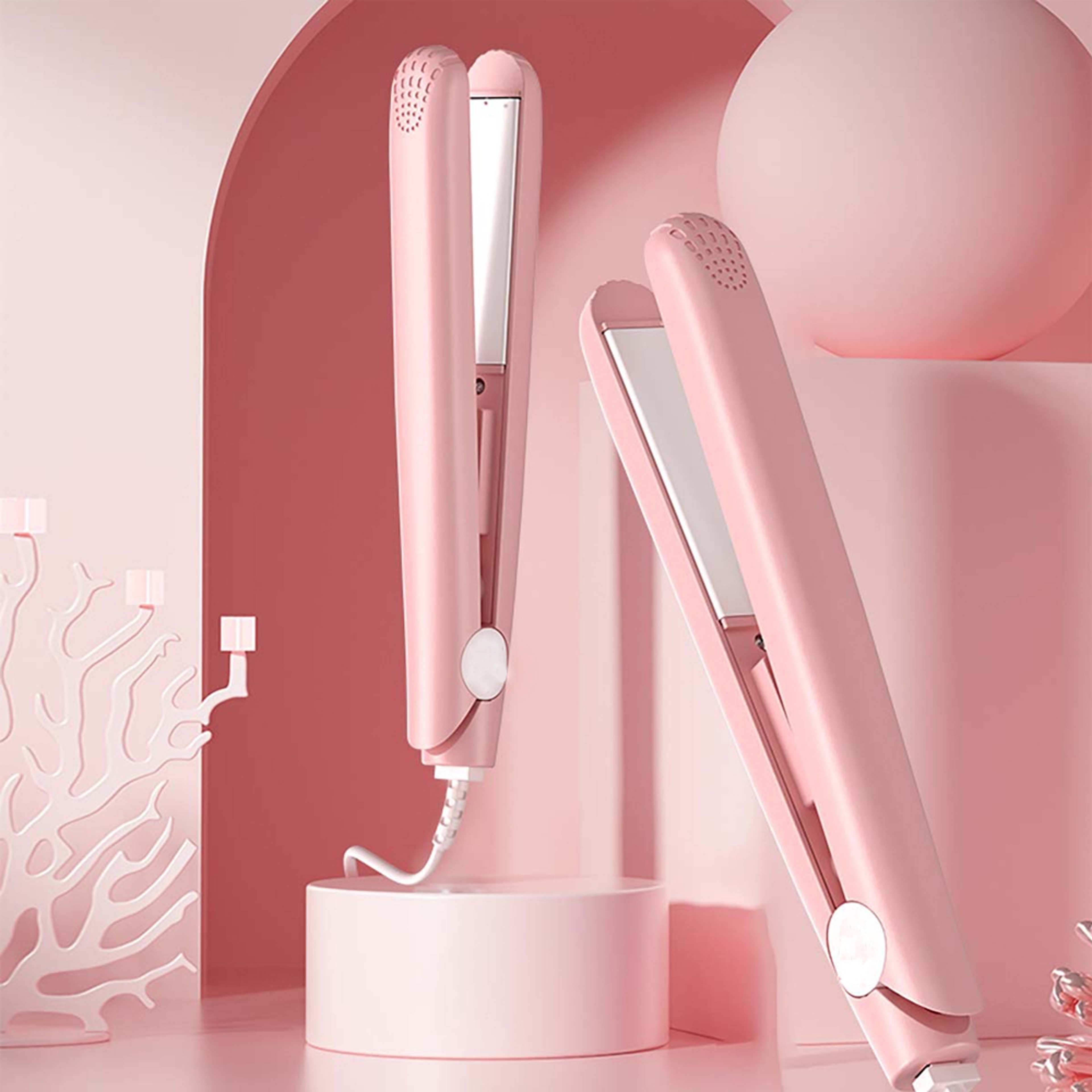 Pink Ceramic Hair Straightener  Curler With Floating Plates Fast Heat Flat Iron 0