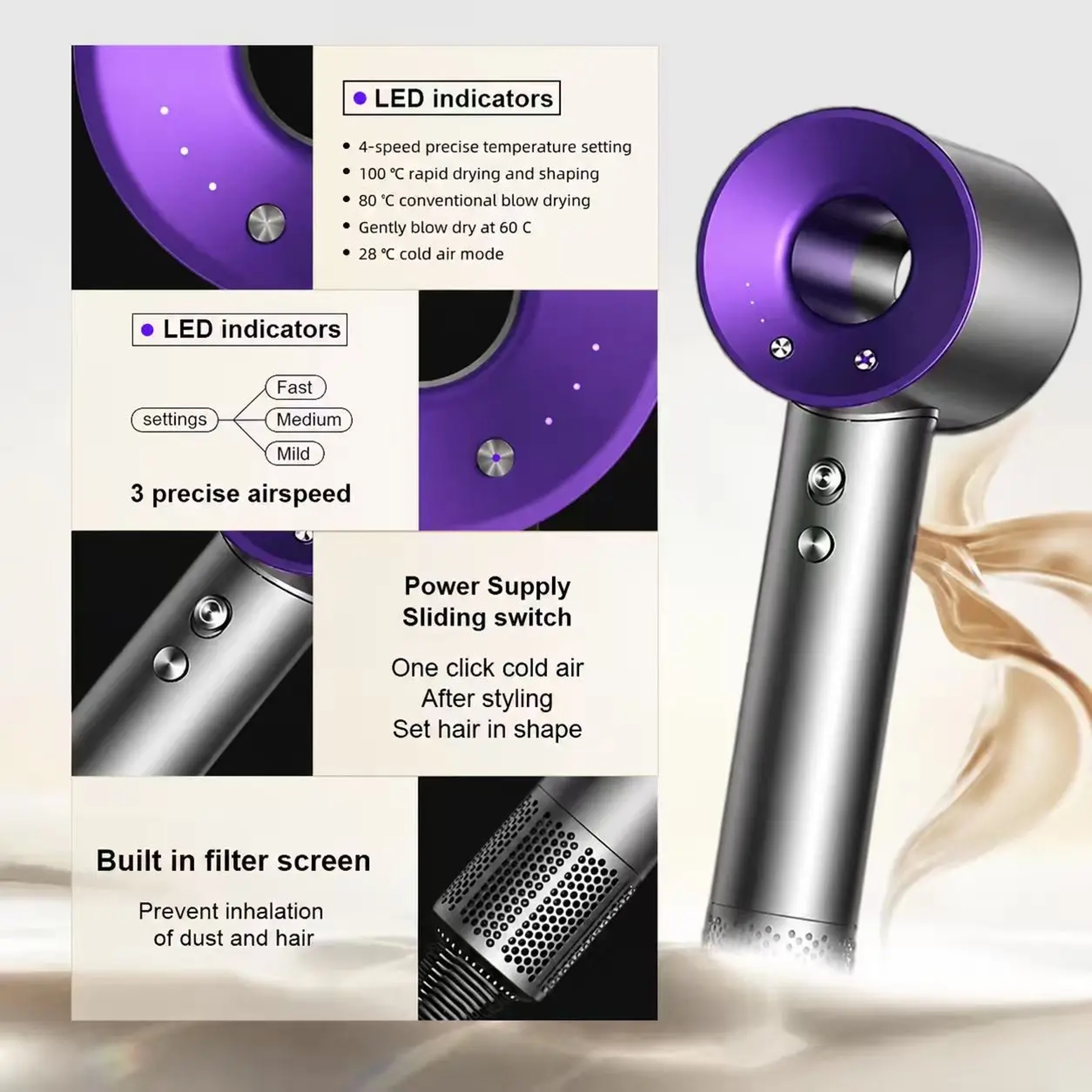 Professional Bladeless Hair Dryer with Negative Ion Technology Fast Dry Quiet Travel Hair Dryer – view 2
