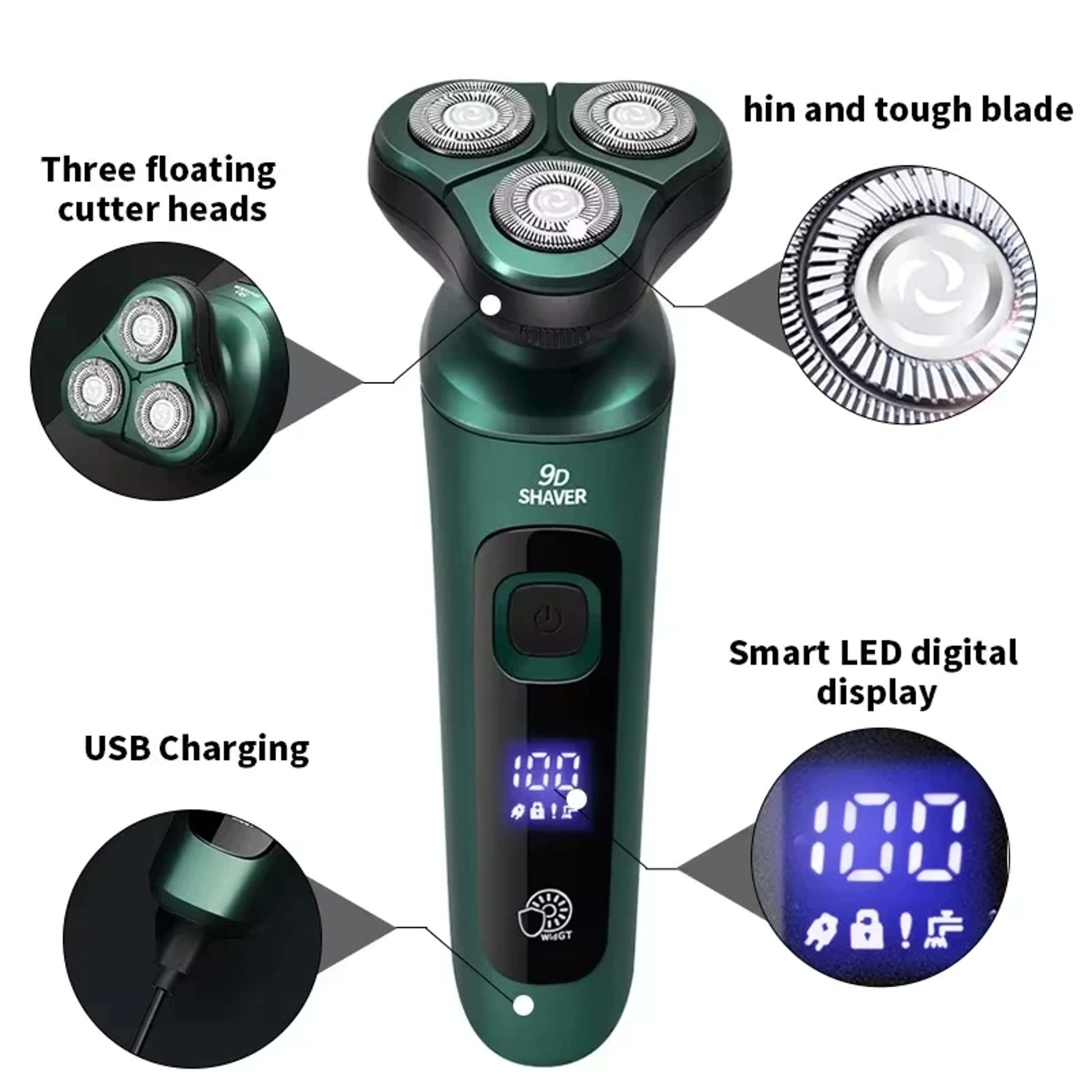 LED Digital Electric Shaver With Floating Heads USB Rechargeable Rotary Razor For Men 3