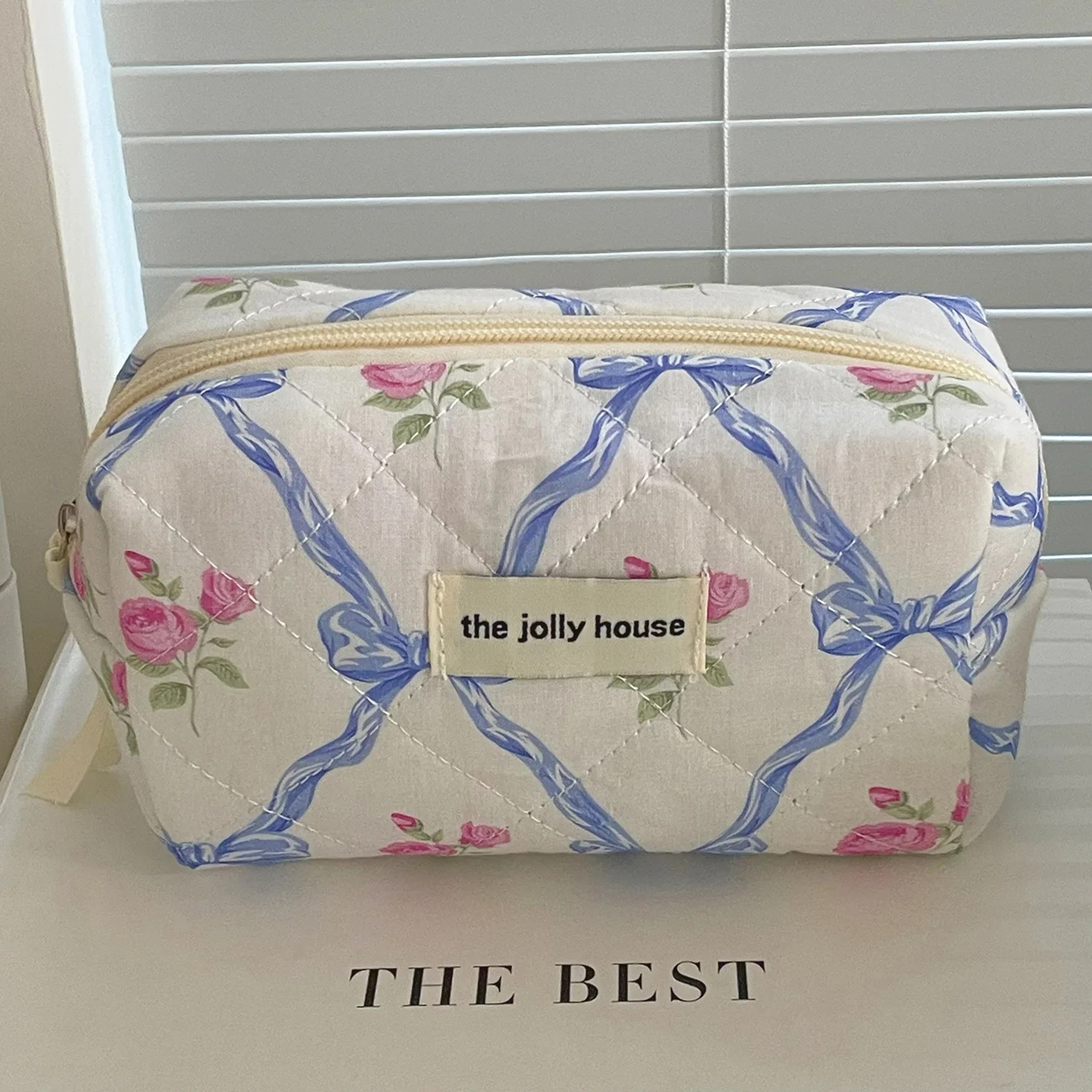 Women Cute Bow Flower Zipper Quilting Cotton Makeup Bag Blue-c