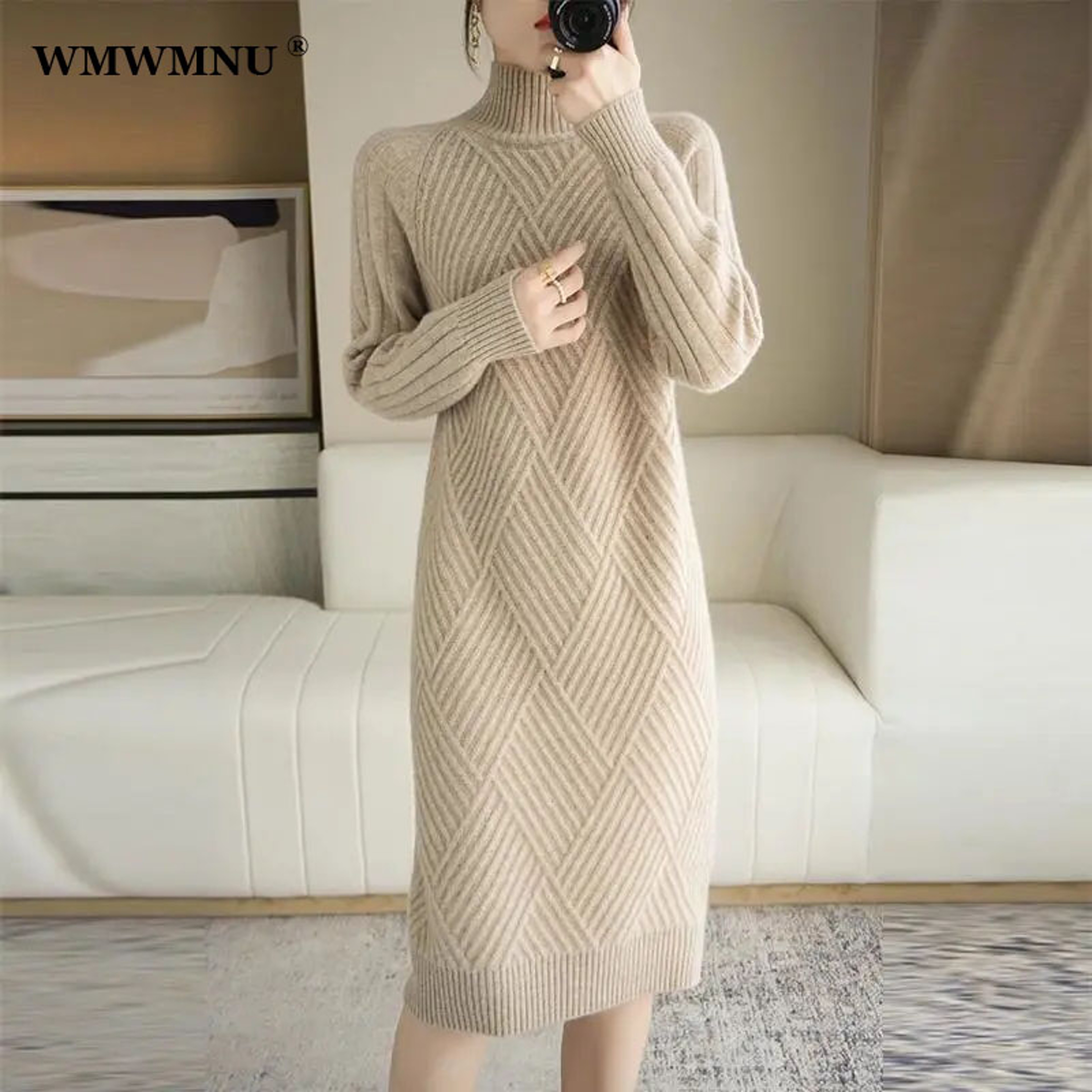 Autumn Winter Warm Korean Turtleneck Long Sleeve Bottoming Knitted Dresses Straight Sweater Dresses 3