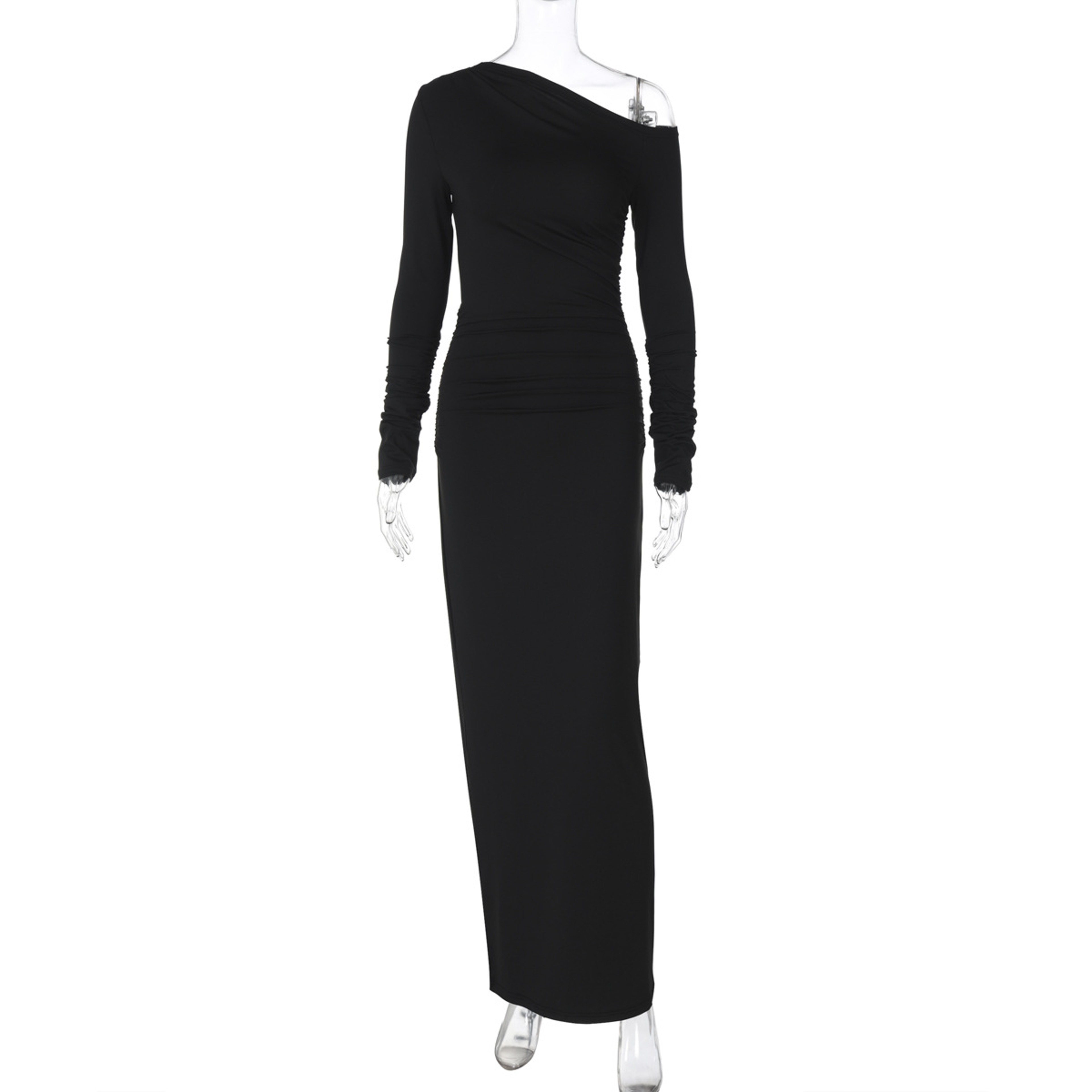 Elegant White Skew Collar Long Sleeve Maxi Dress For Women Autumn Winter Bodycon High Waist Formal  6