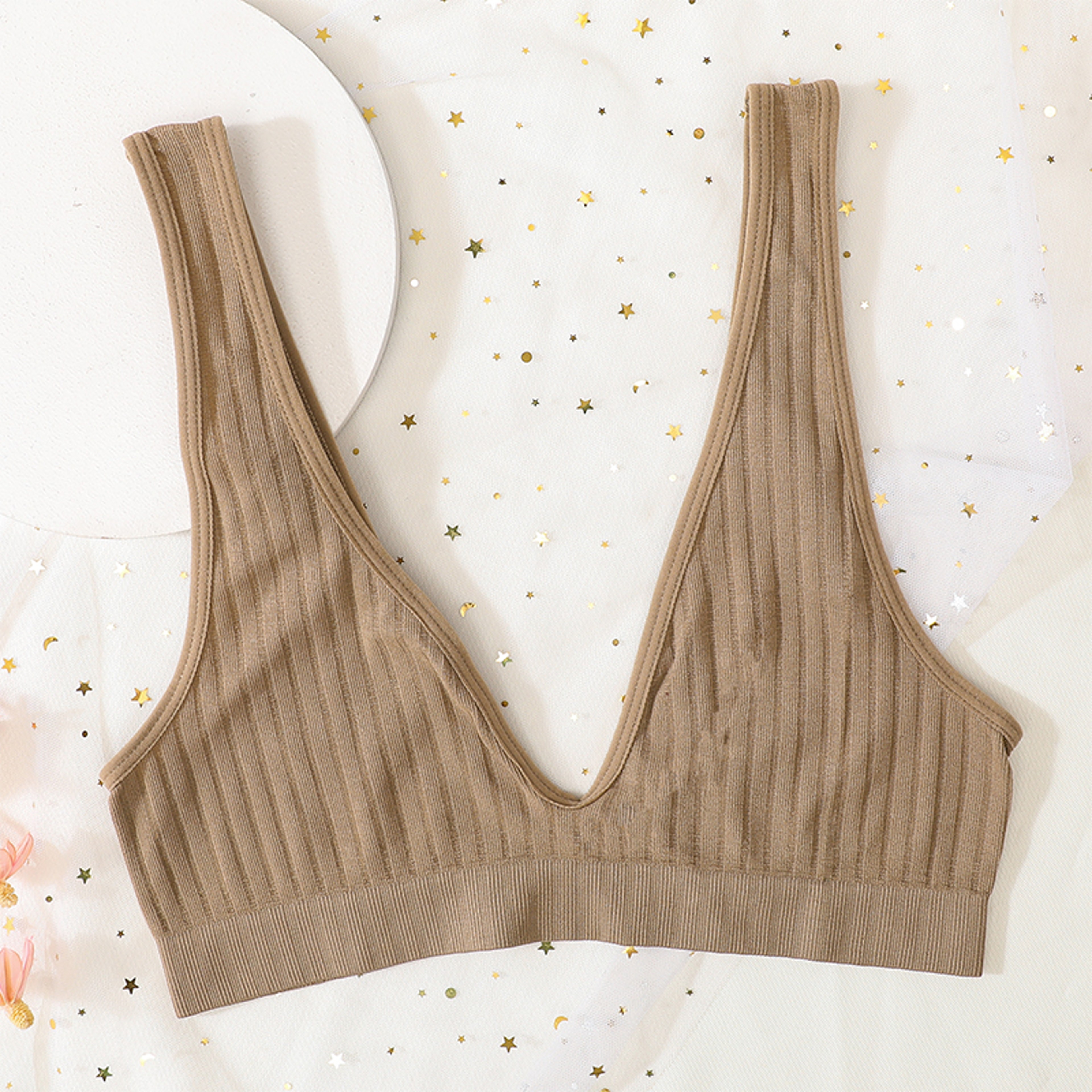 Sexy V Neck Push Up Bras For Women Seamless Bra, Ribbed Bralette Low Back Lingerie, Sleep Underwear Unlined Bra Crop Top – view 6