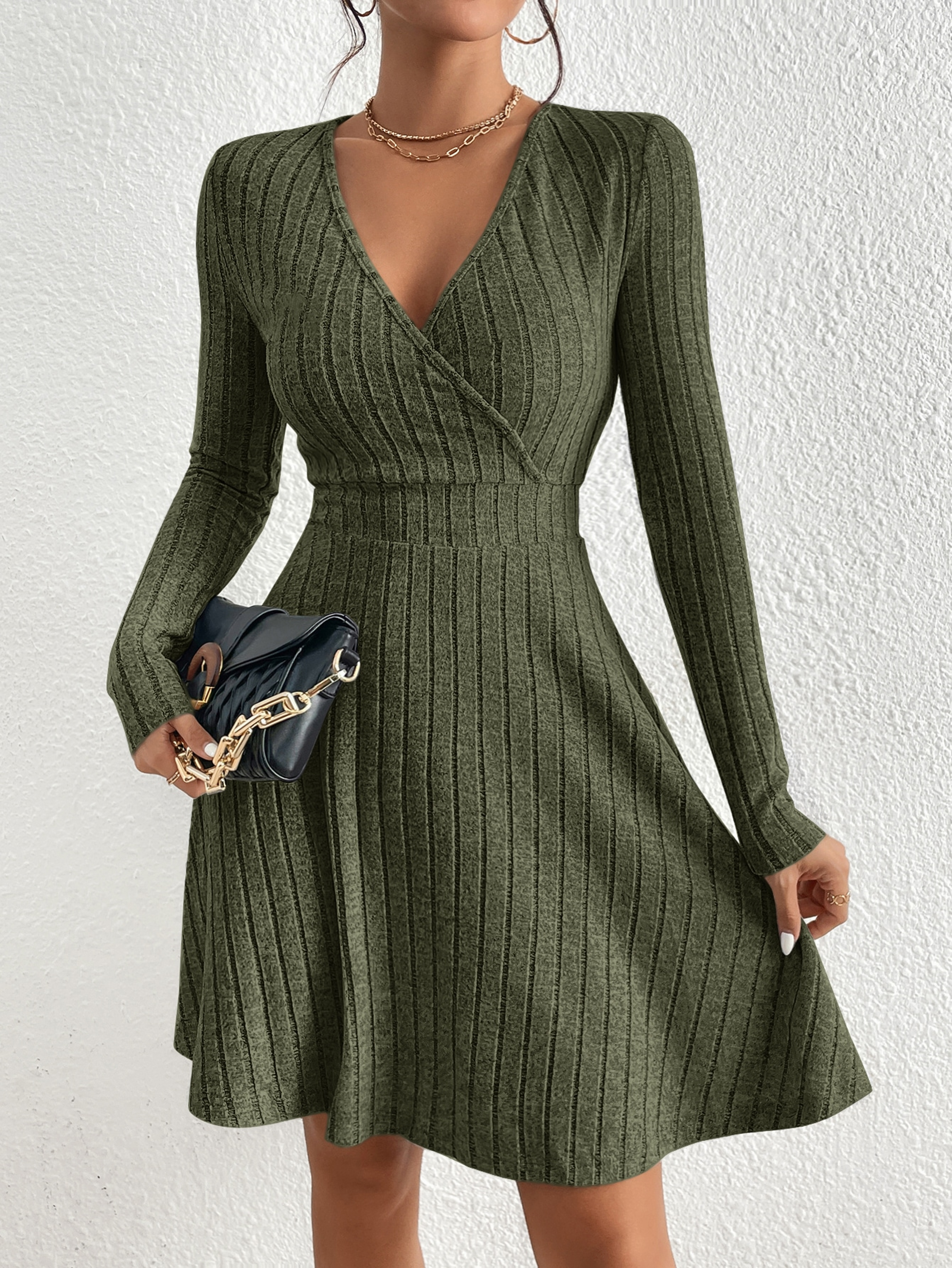 Slim Fit V Neck Long Sleeve Knit Dress For Women Autumn Winter Bodycon Sweater Midi Casual Solid Co 0