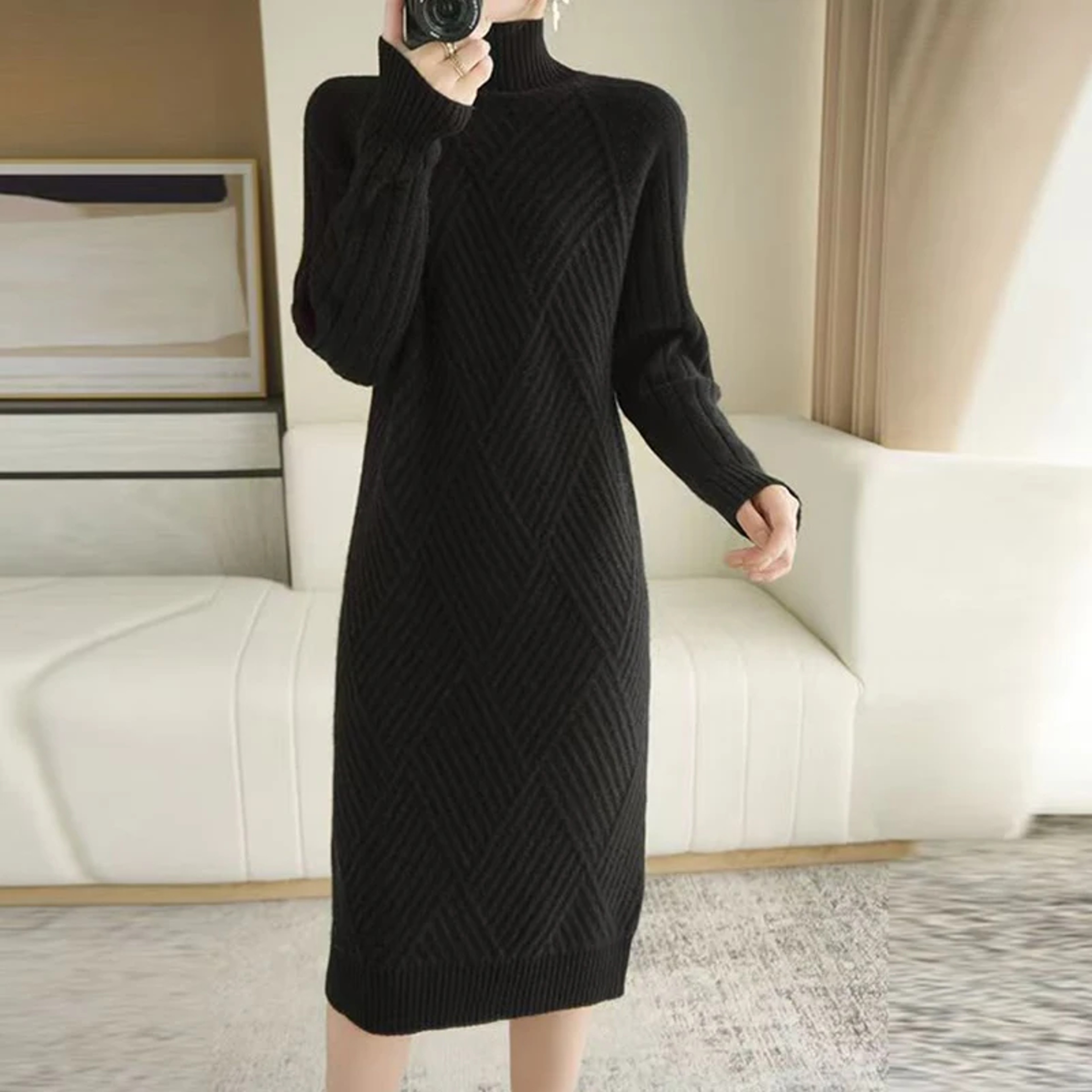 Women Wool Sweater Dress Autumn Winter, Mock Neck Ribbed Solid Knit, Elegant Party Dress for Ladies – view 2
