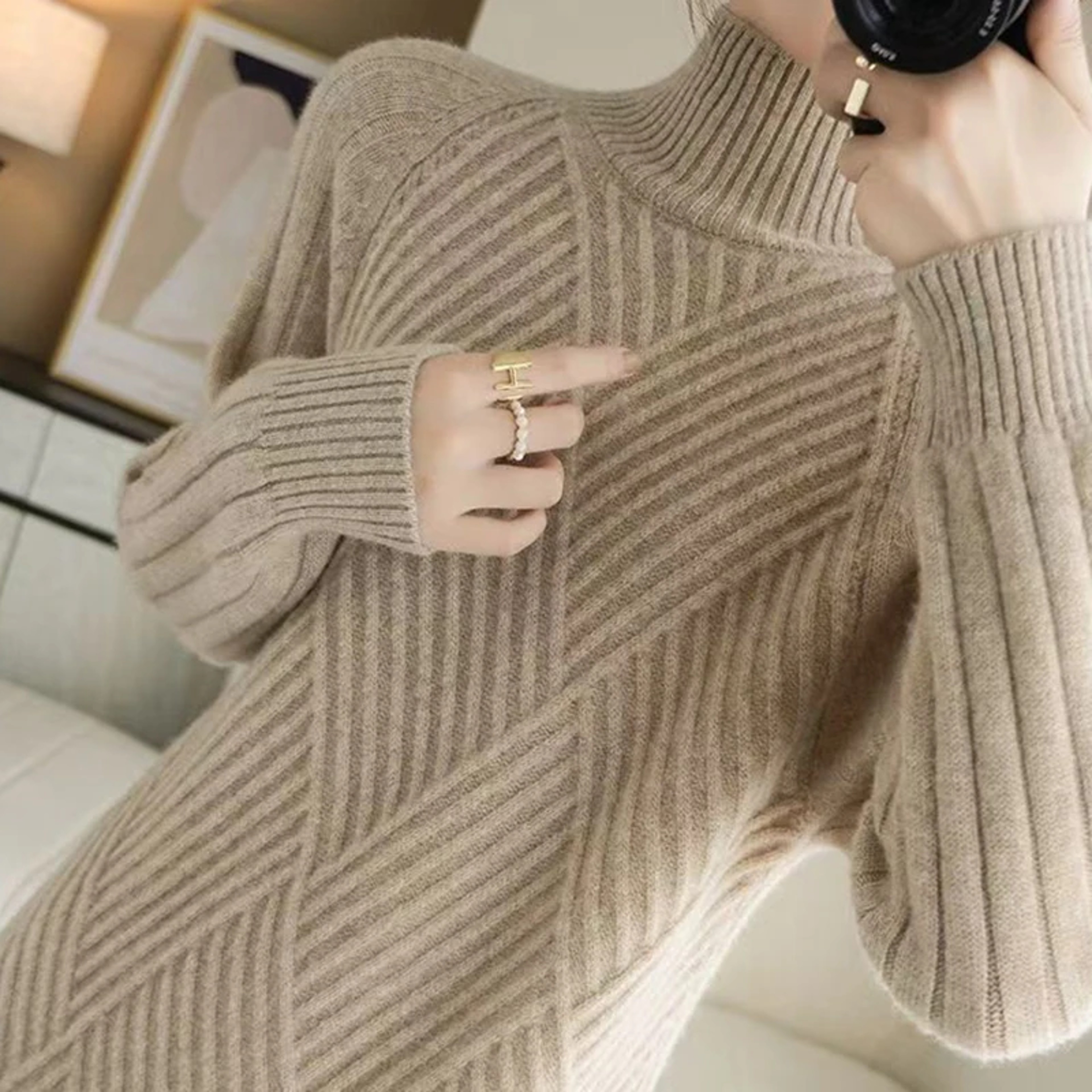 Women Wool Sweater Dress Autumn Winter, Mock Neck Ribbed Solid Knit, Elegant Party Dress for Ladies – view 6