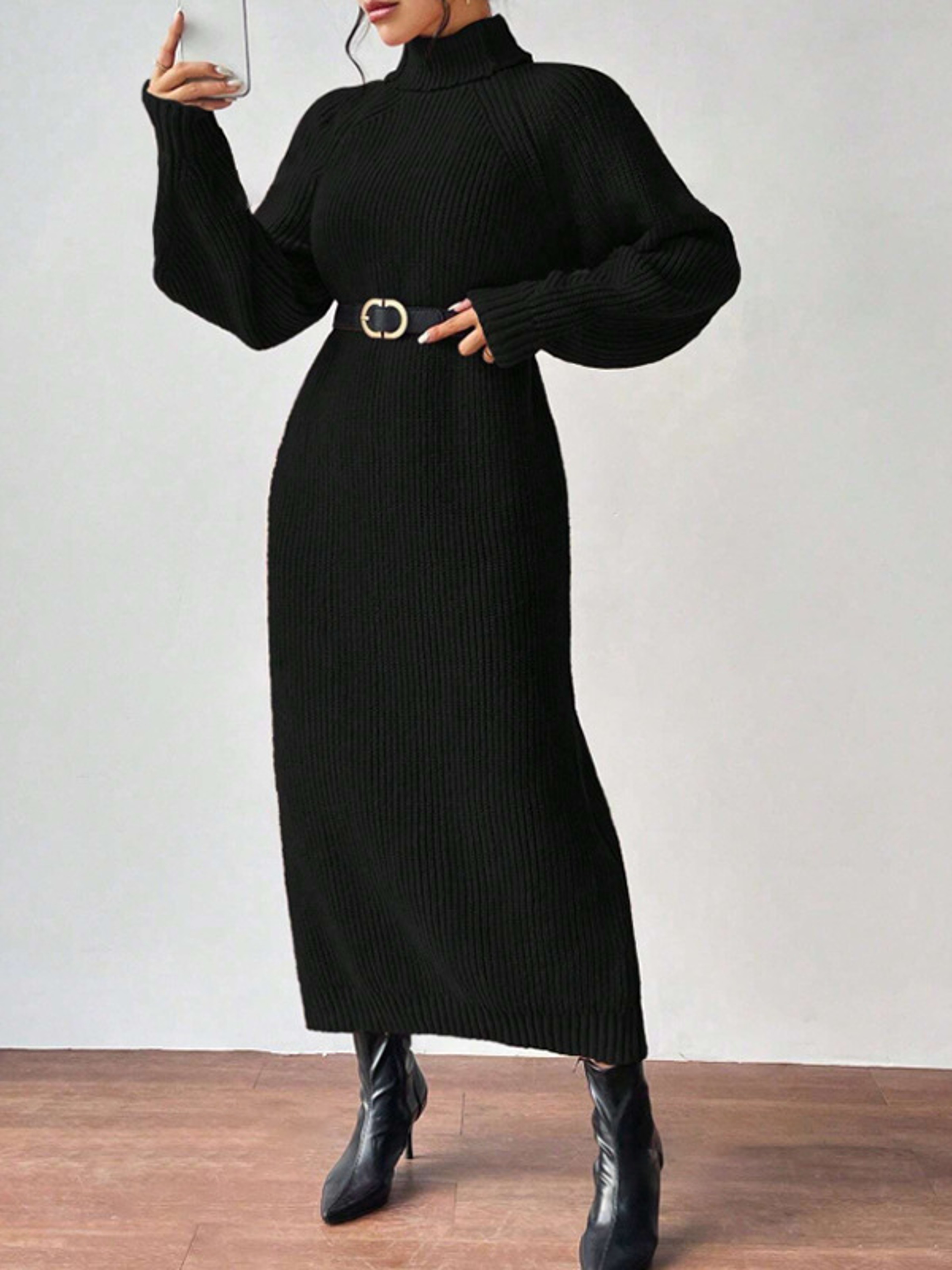 Women Autumn Winter Slouchy Solid Knit Turtleneck Long Sweater Dress Loose Knit Dress Ankle Length  4