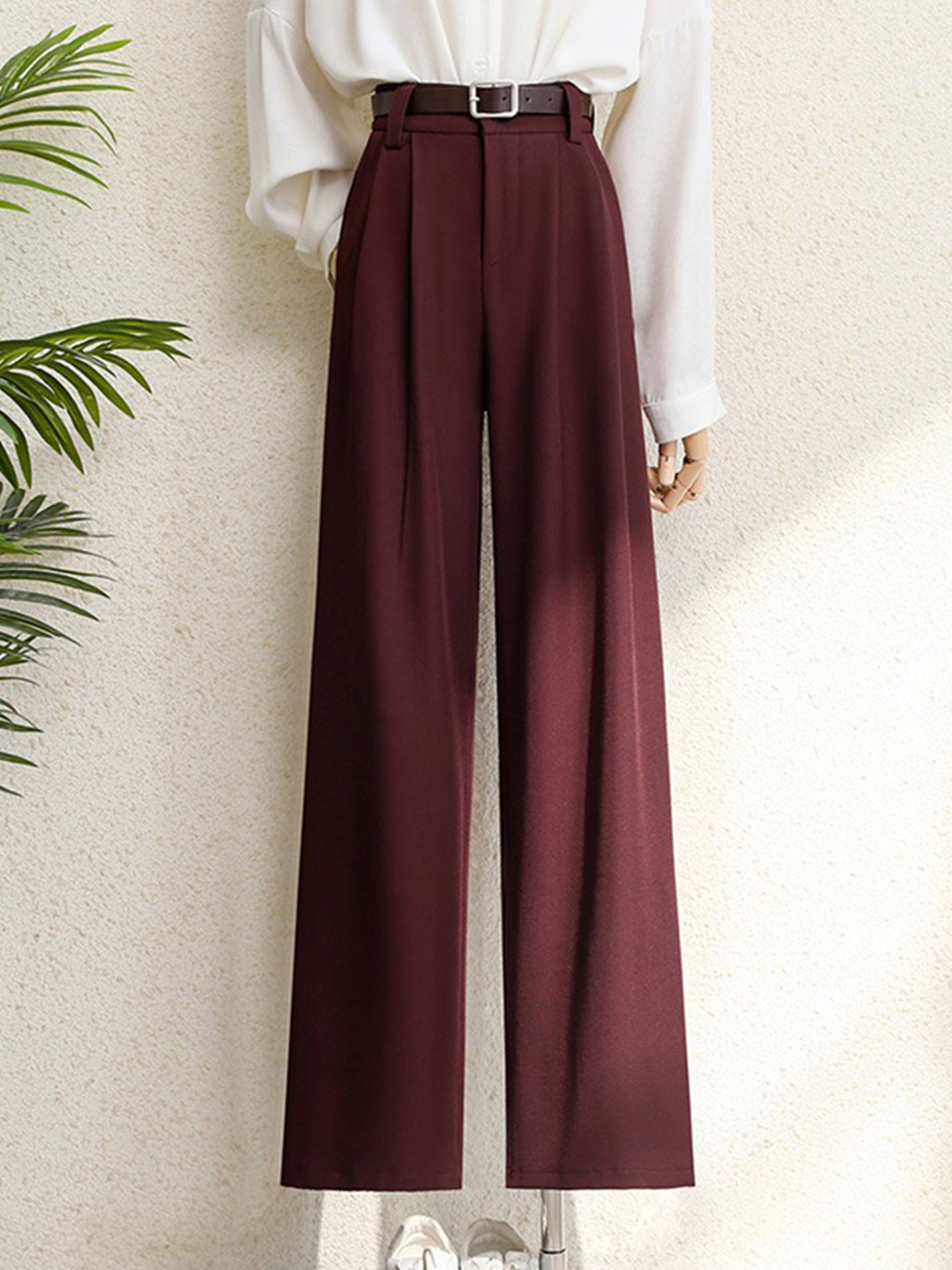 Office Lady Elegant High Waist Wide Leg Fashion Trousers with Pockets, New Burgundy Suits Pants for Women – view 2