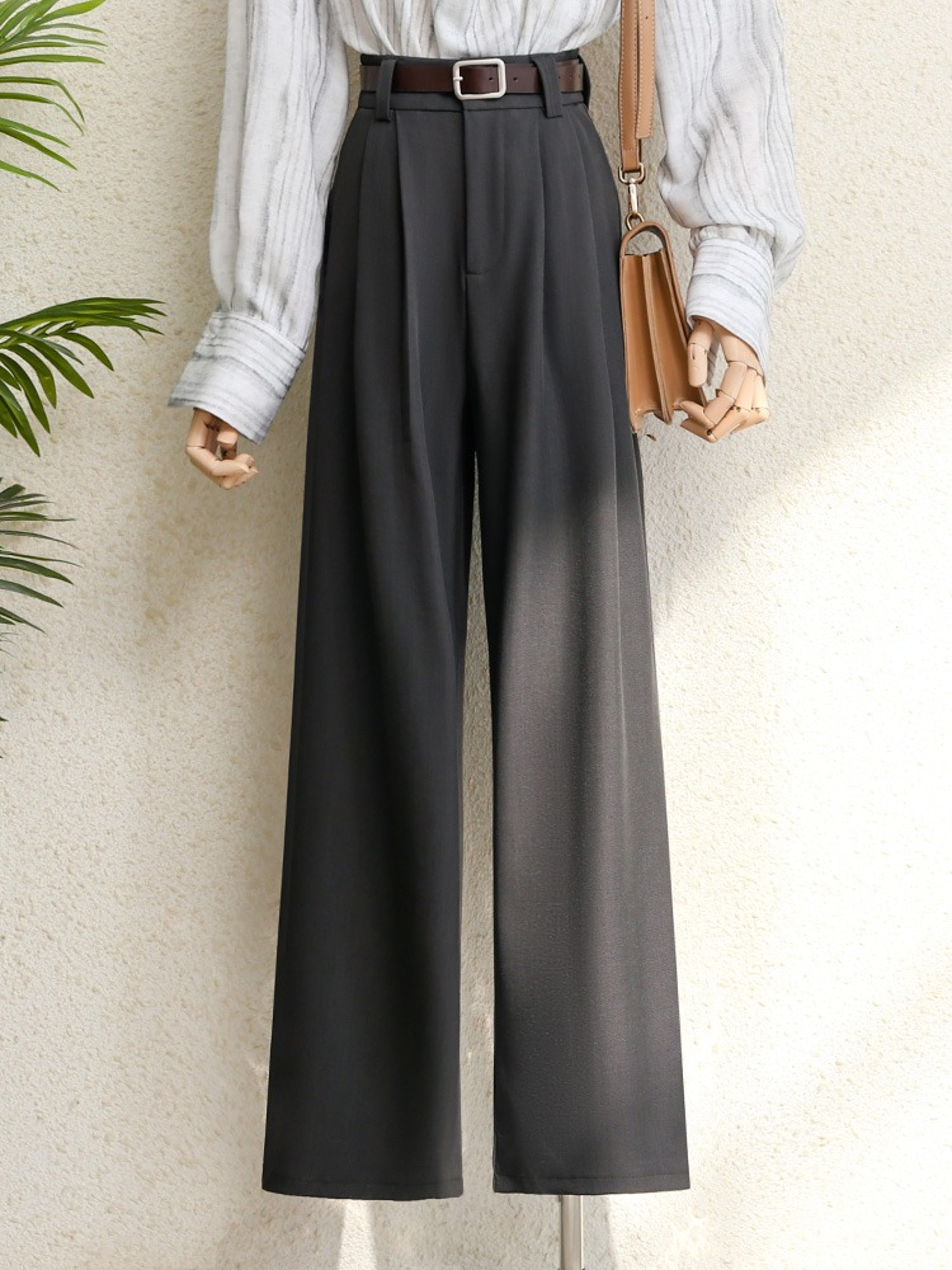 Office Lady Elegant High Waist Wide Leg Fashion Trousers with Pockets, New Burgundy Suits Pants for Women – view 3
