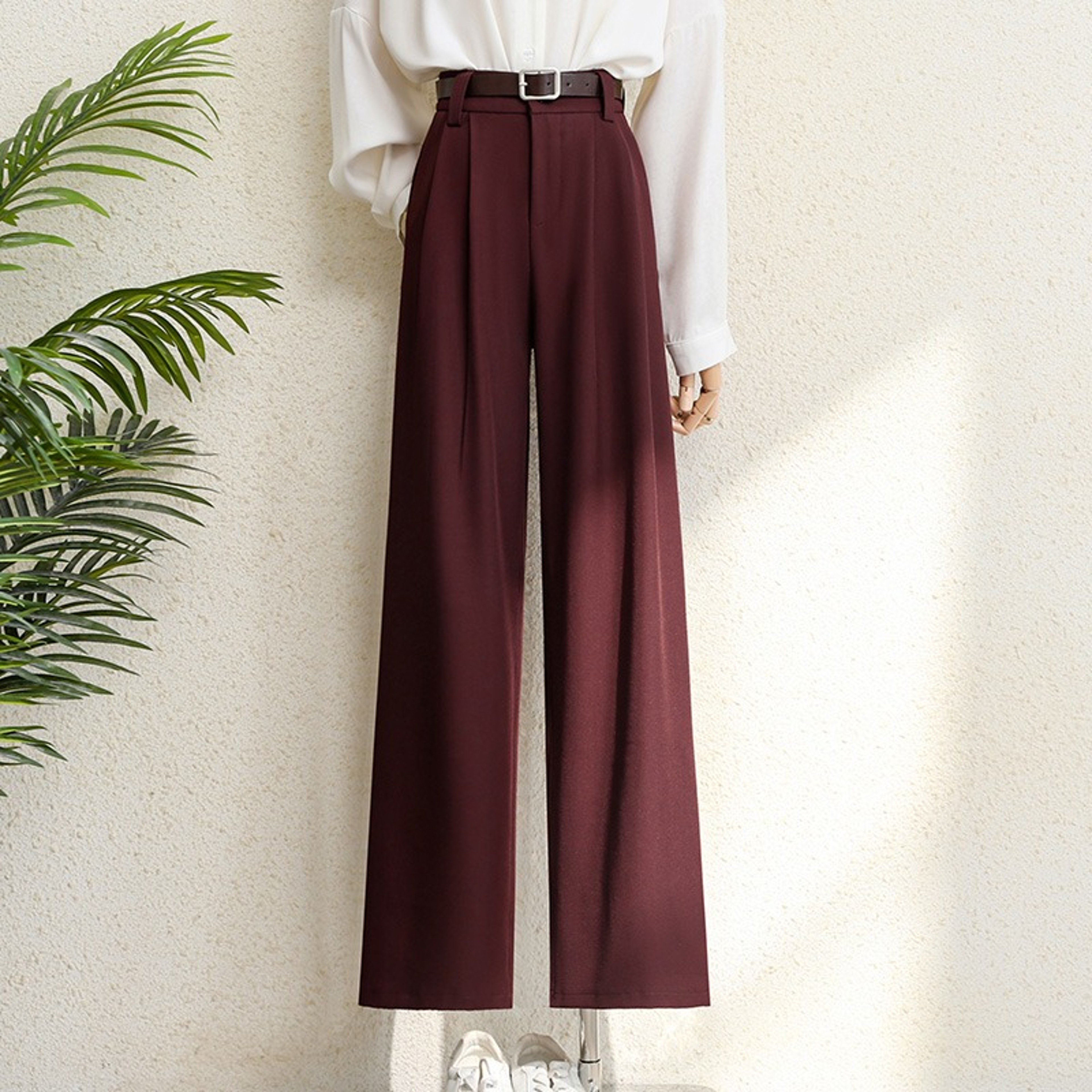 Office Lady Elegant High Waist Wide Leg Fashion Trousers with Pockets, New Burgundy Suits Pants for Women – view 8