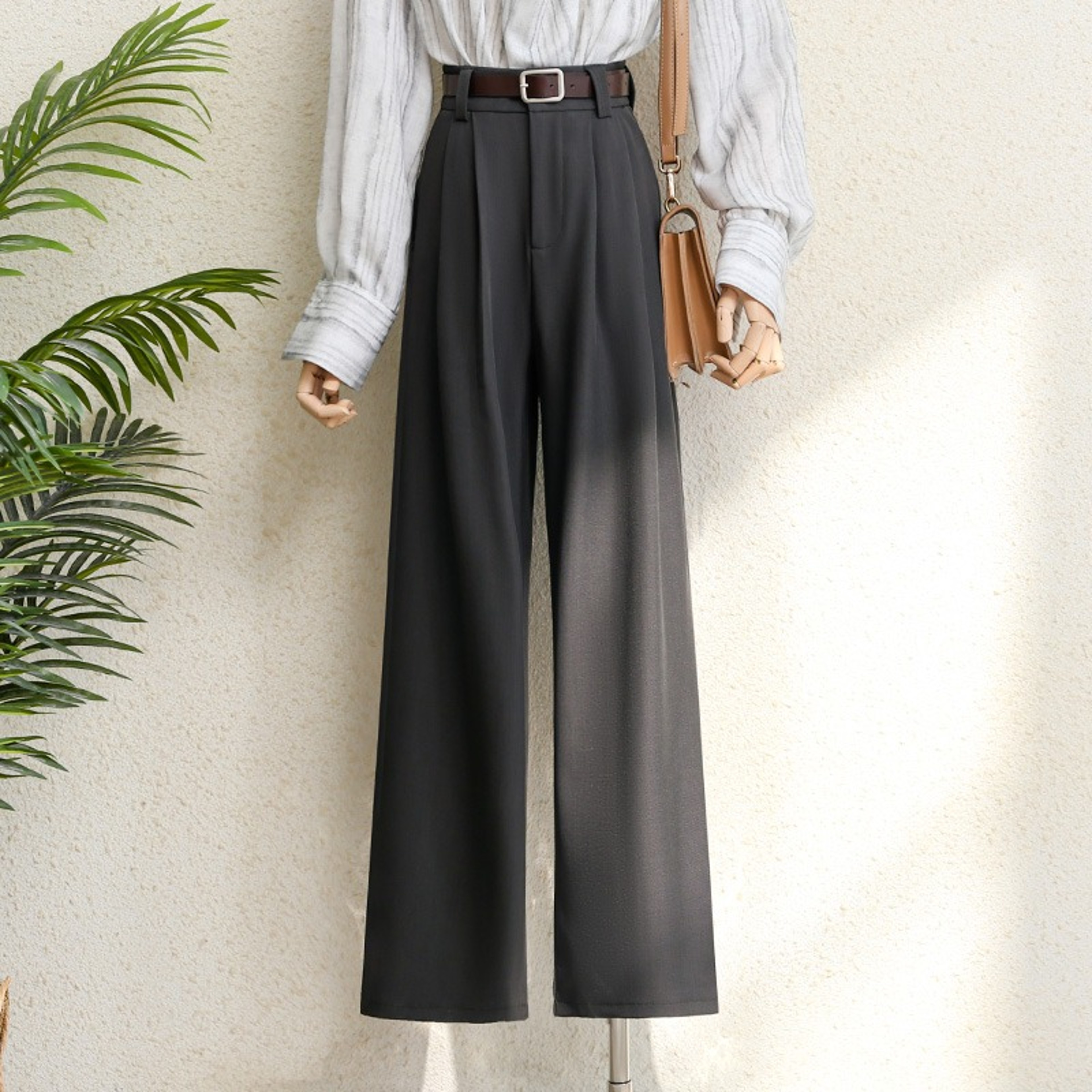 Office Lady Elegant High Waist Wide Leg Fashion Trousers with Pockets, New Burgundy Suits Pants for Women – view 9