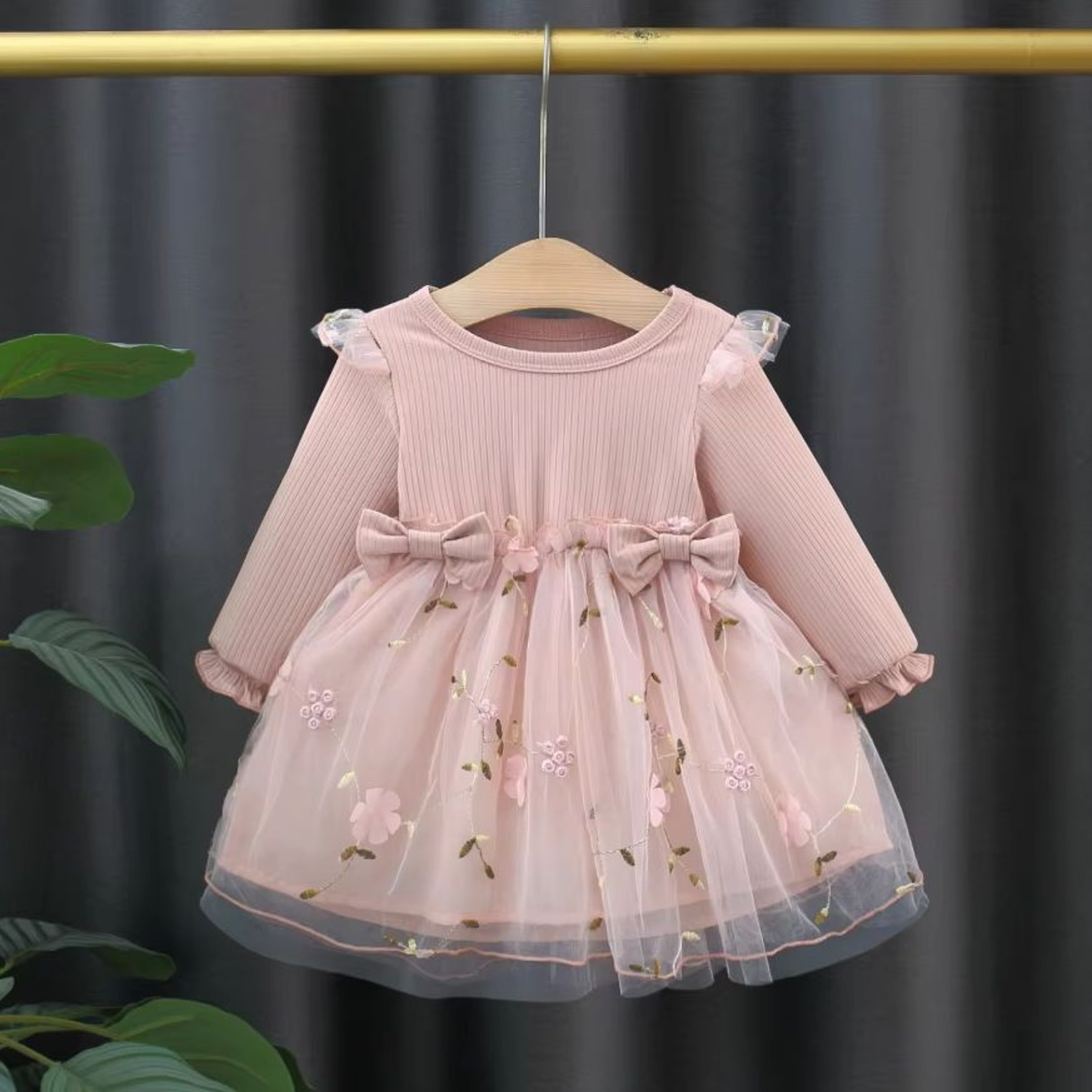 Fashion Autumn Spring Toddler Baby Dress Round Neck Knit Long Sleeve with Flower Embroidery Casual Pink Baby Dress – view 1