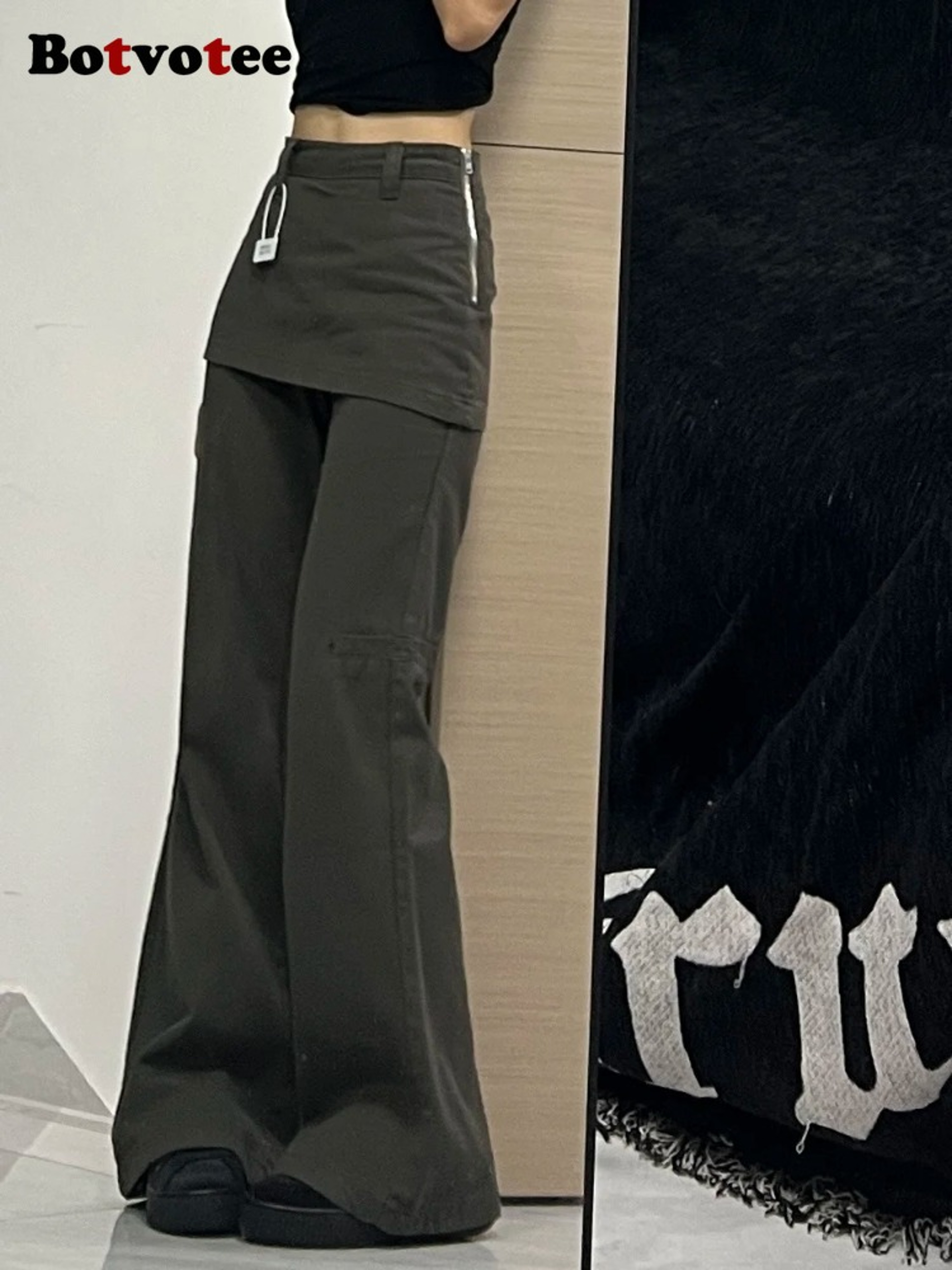Botvotee Fake Two Piece Plus Size Wide Leg Jeans Women New Y2K Streetwear, High Waisted Flare Denim Pants Fashion – view 2