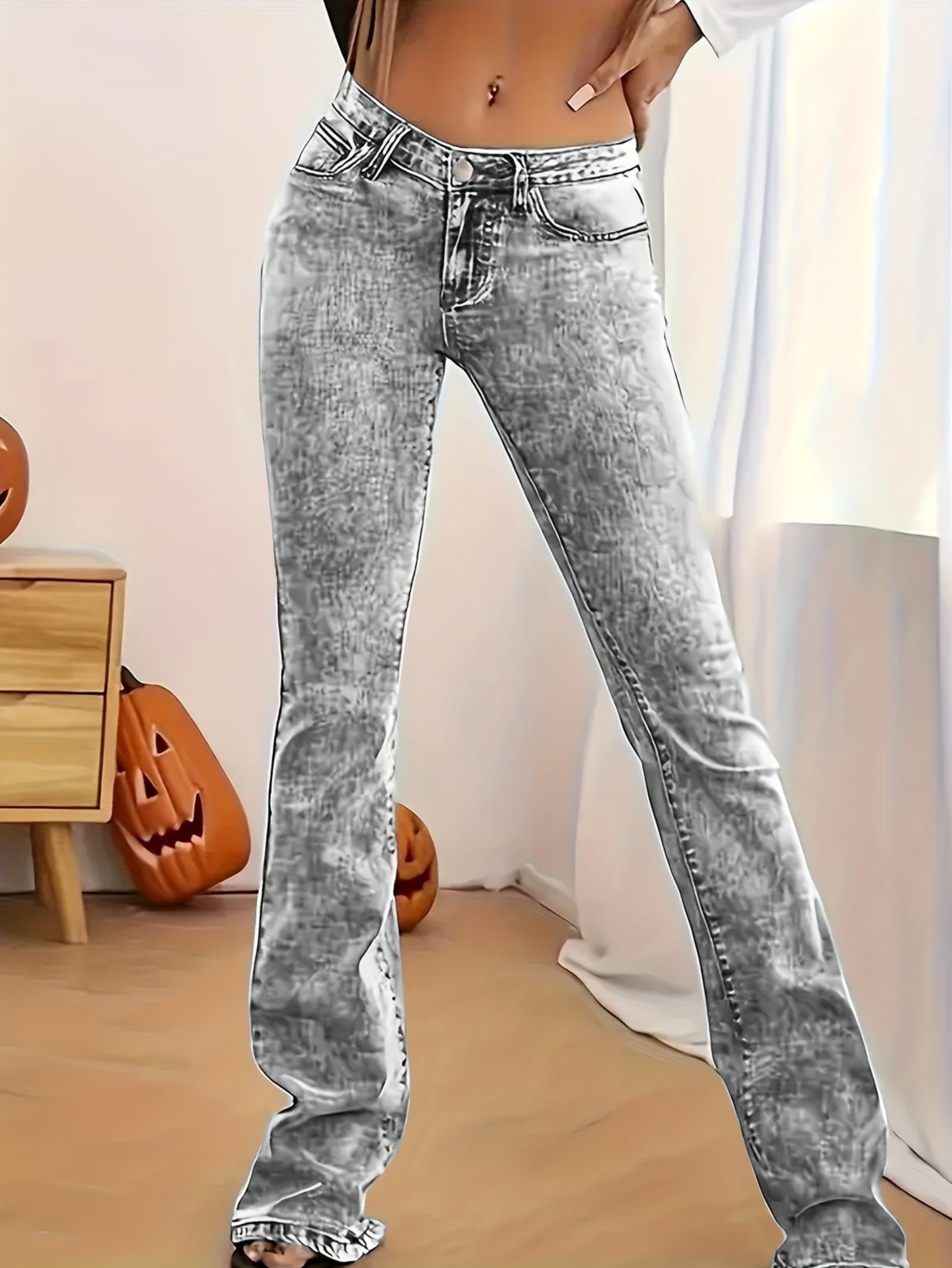 Gray Low Rise Slim Fit Bootcut Jeans Fashion Women, Y2K Style Snow Wash Denim Pants, Elegant Streetwear Look – view 3