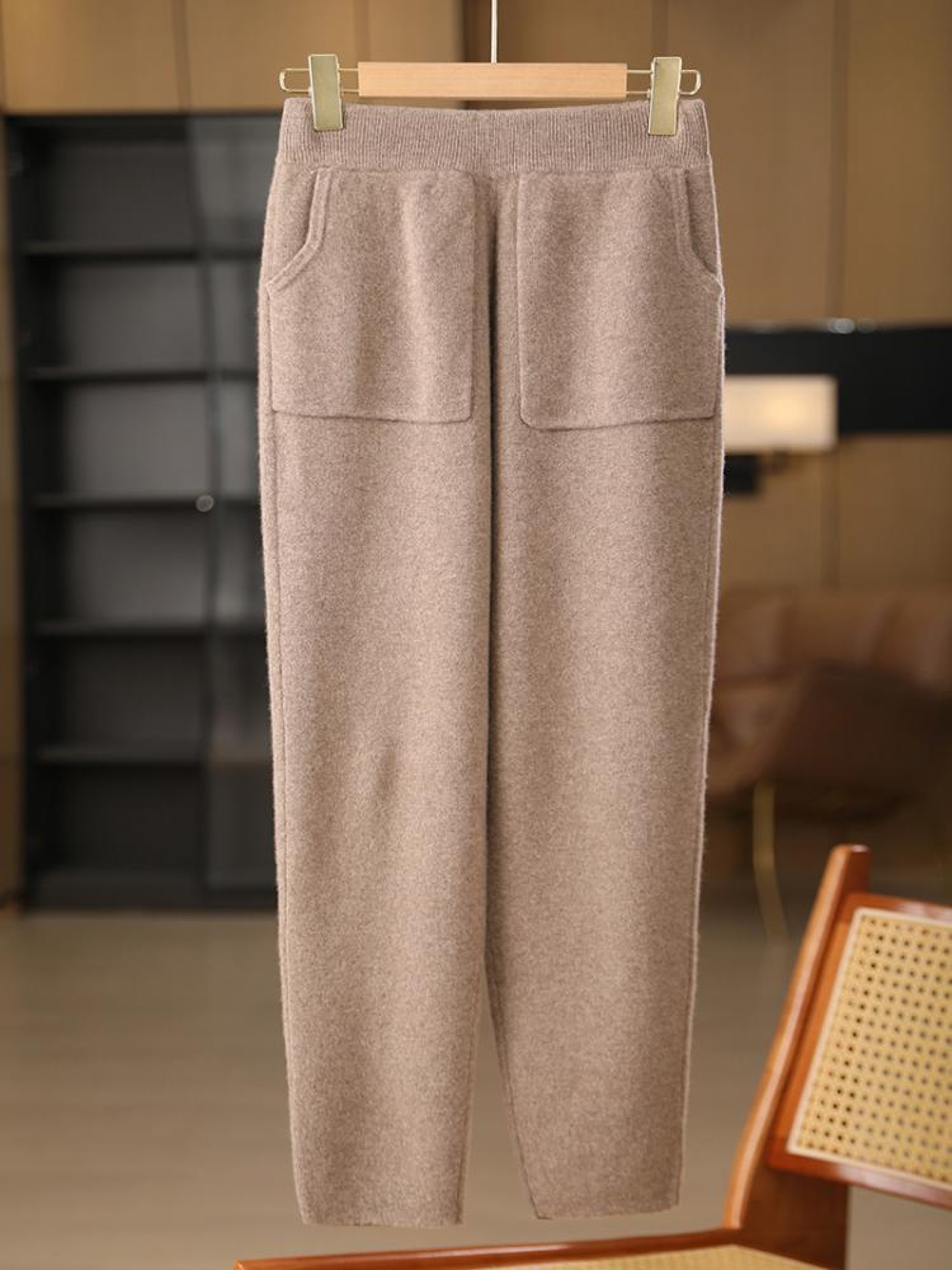 Autumn Winter Thick Warm Pencil Pants for Women Merino Wool Fashion Trousers Patch Pockets Elastic Waist Knit Pant – view 7