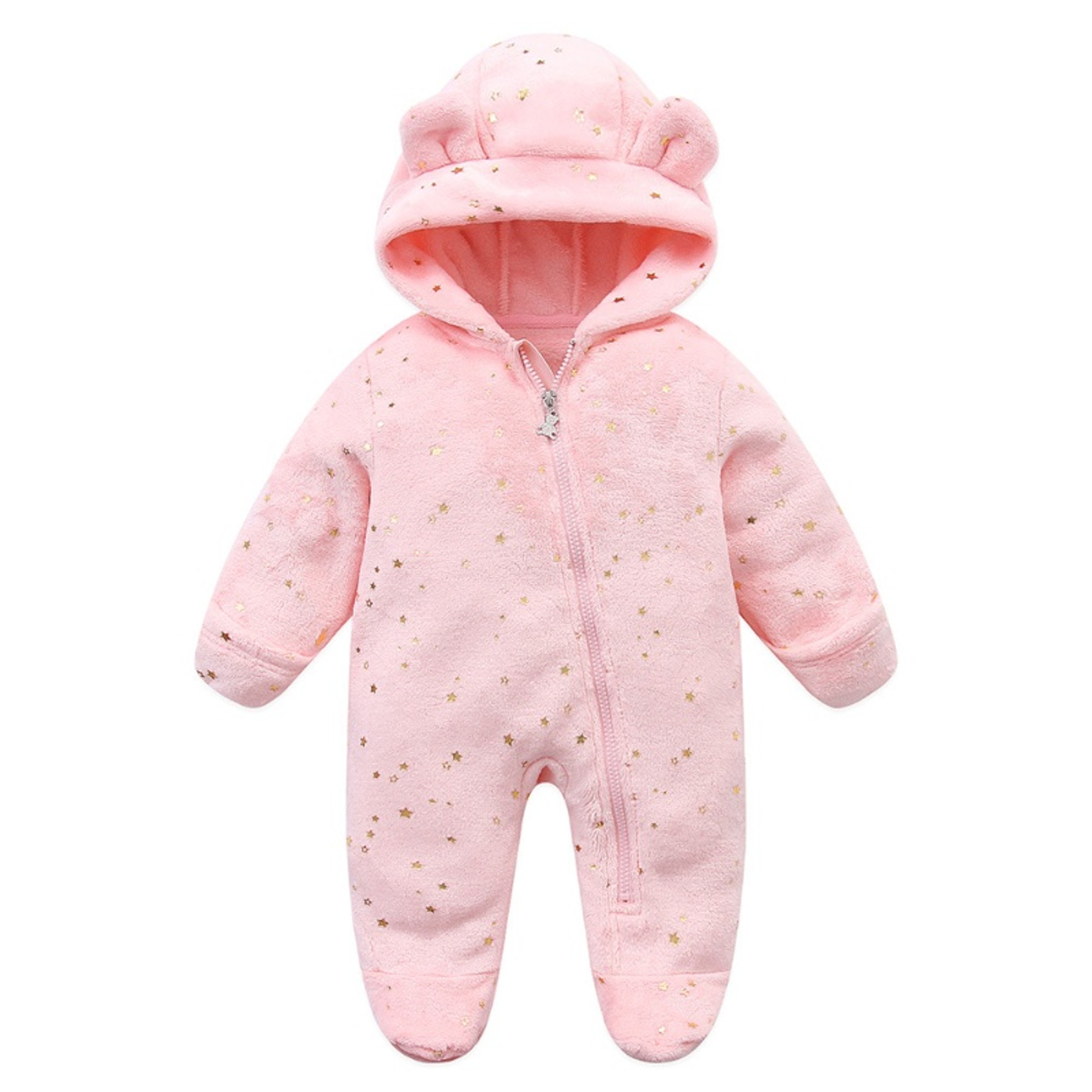 Autumn Winter Newborn Baby Footed Romper Warm Fleece Jumpsuit with Bear Ears Cute Star Cartoon Print One Piece Outfit – view 10
