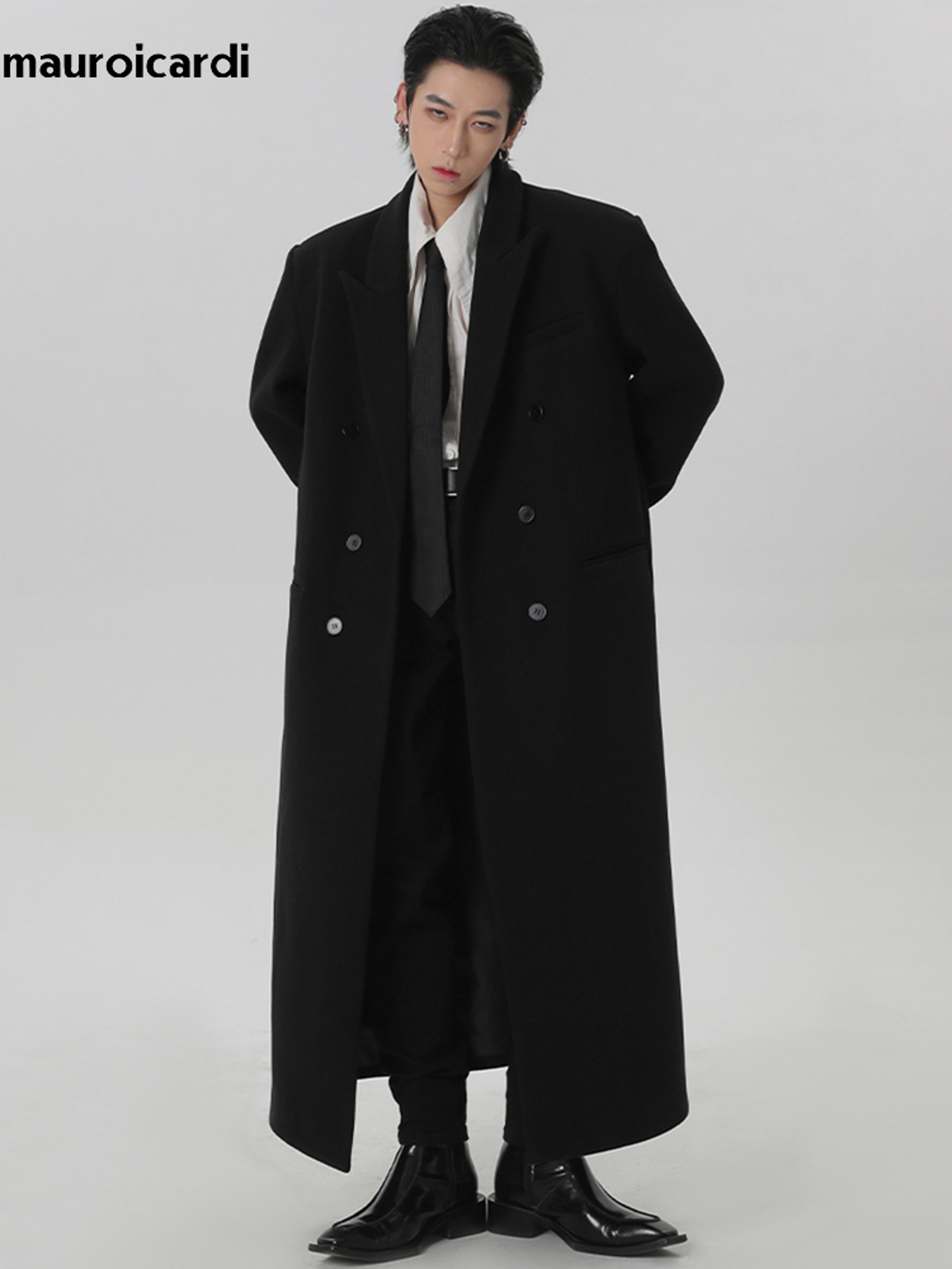 Autumn Winter Extra Long Black Oversized Warm Wool Blends Coat Men Double Breasted Luxury Outerwear 0