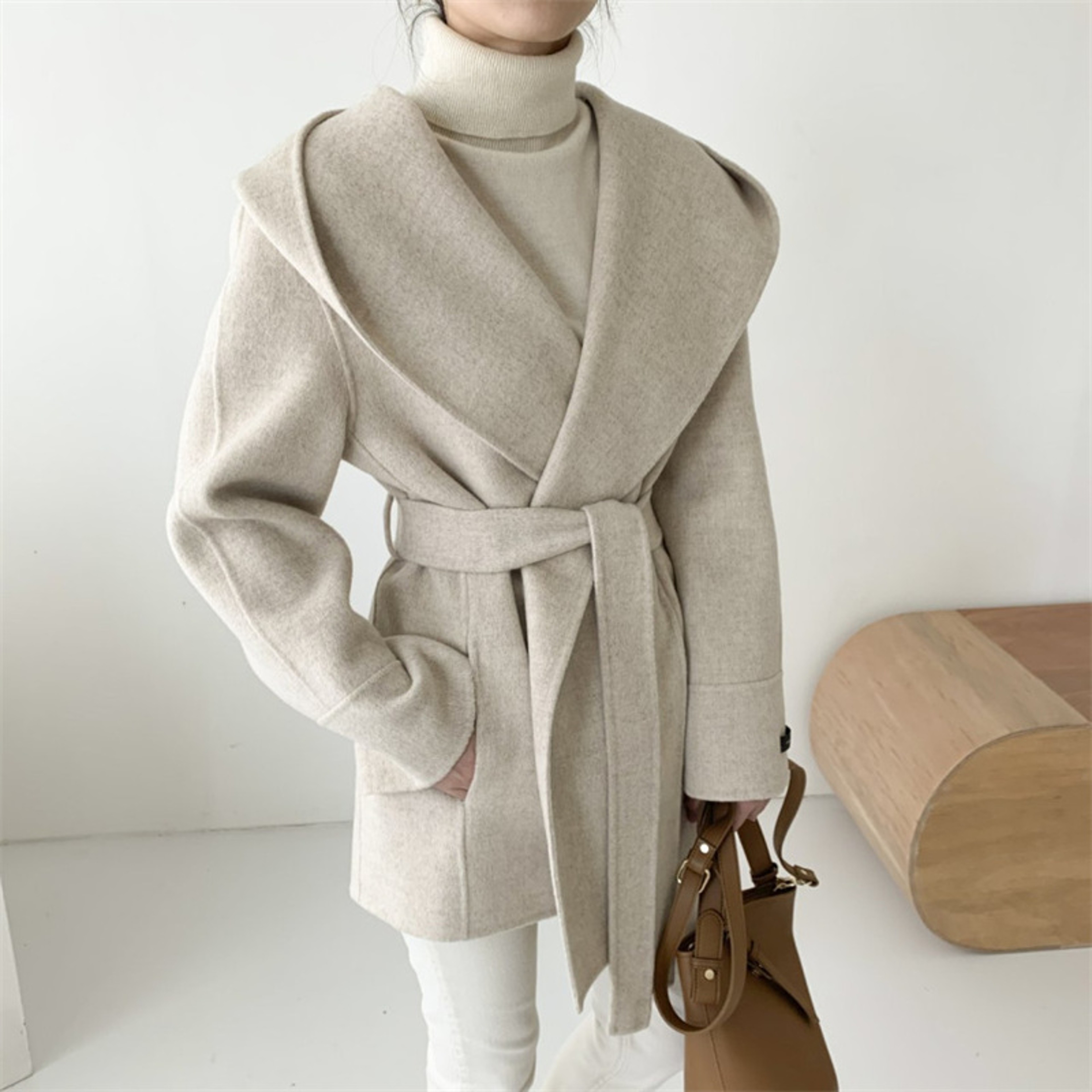 Elegant Solid Color Hooded Jacket Ladies, Lace Up Woolen Jacket Outerwear Vintage Style Woolen Coat Women Autumn Winter – view 2