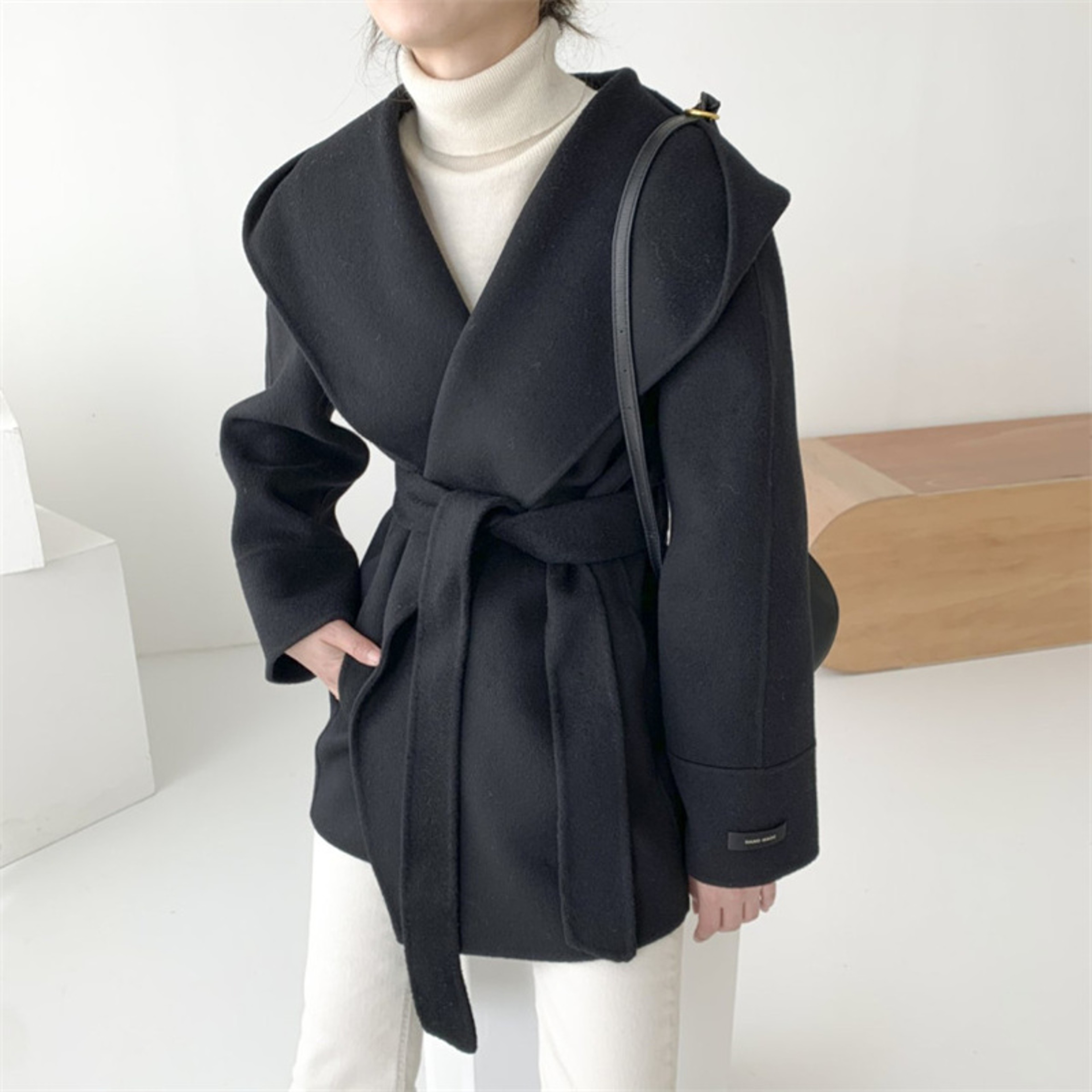 Elegant Solid Color Hooded Jacket Ladies, Lace Up Woolen Jacket Outerwear Vintage Style Woolen Coat Women Autumn Winter – view 5