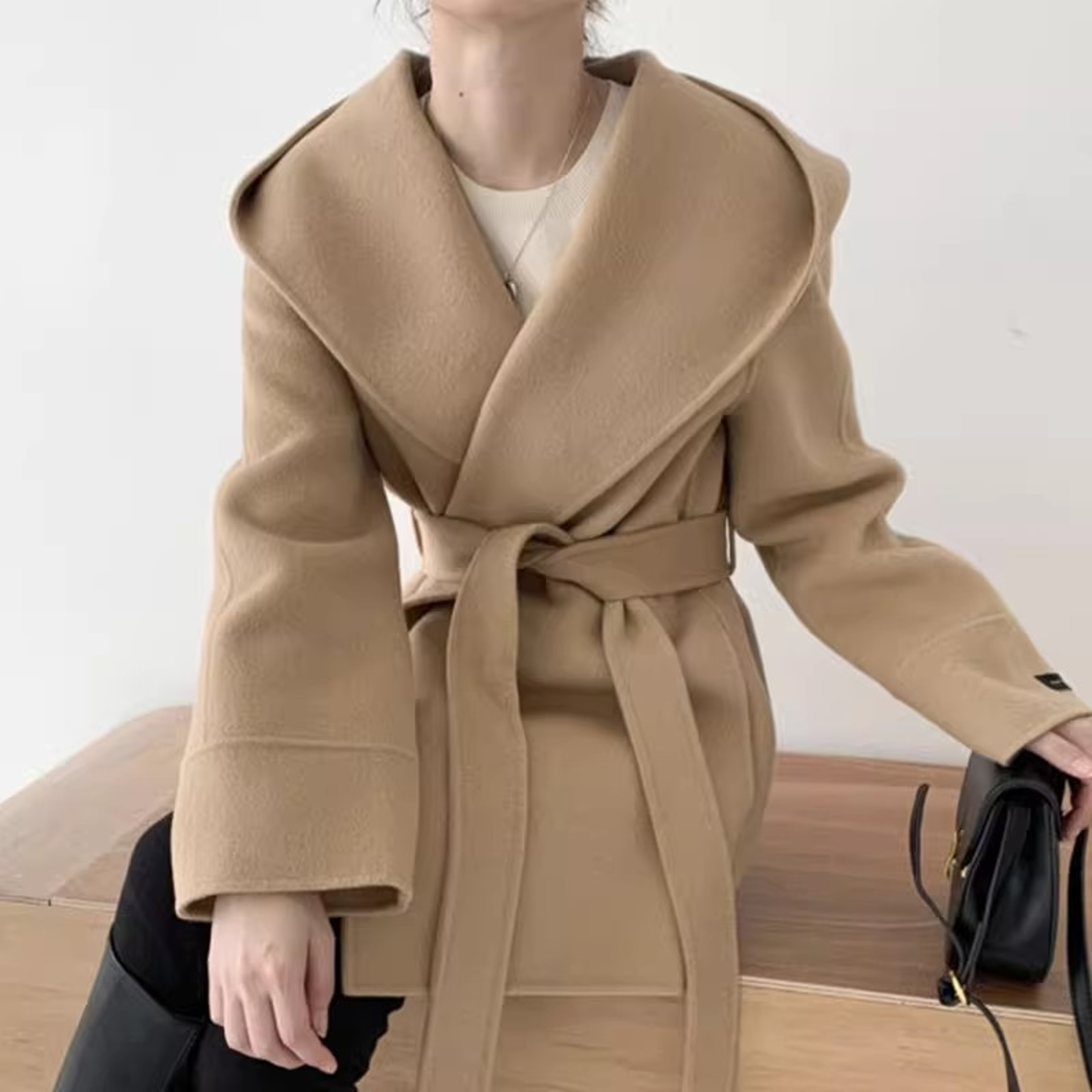 Elegant Solid Color Hooded Jacket Ladies, Lace Up Woolen Jacket Outerwear Vintage Style Woolen Coat Women Autumn Winter – view 8