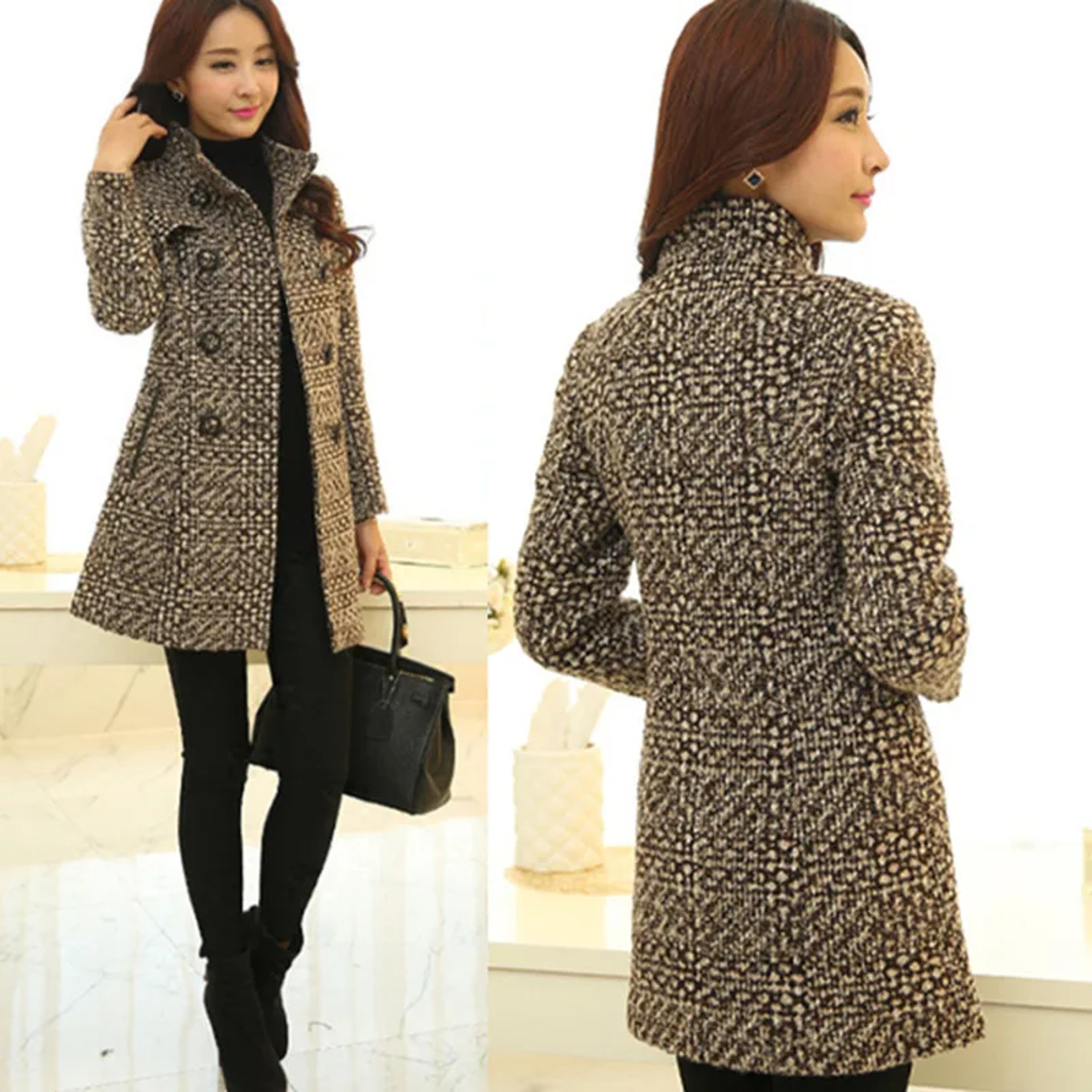 Winter Autumn New Women Wool Blend Coat Elegant Turtleneck Plaid Slim Long Tweed Woolen Outerwear F 2