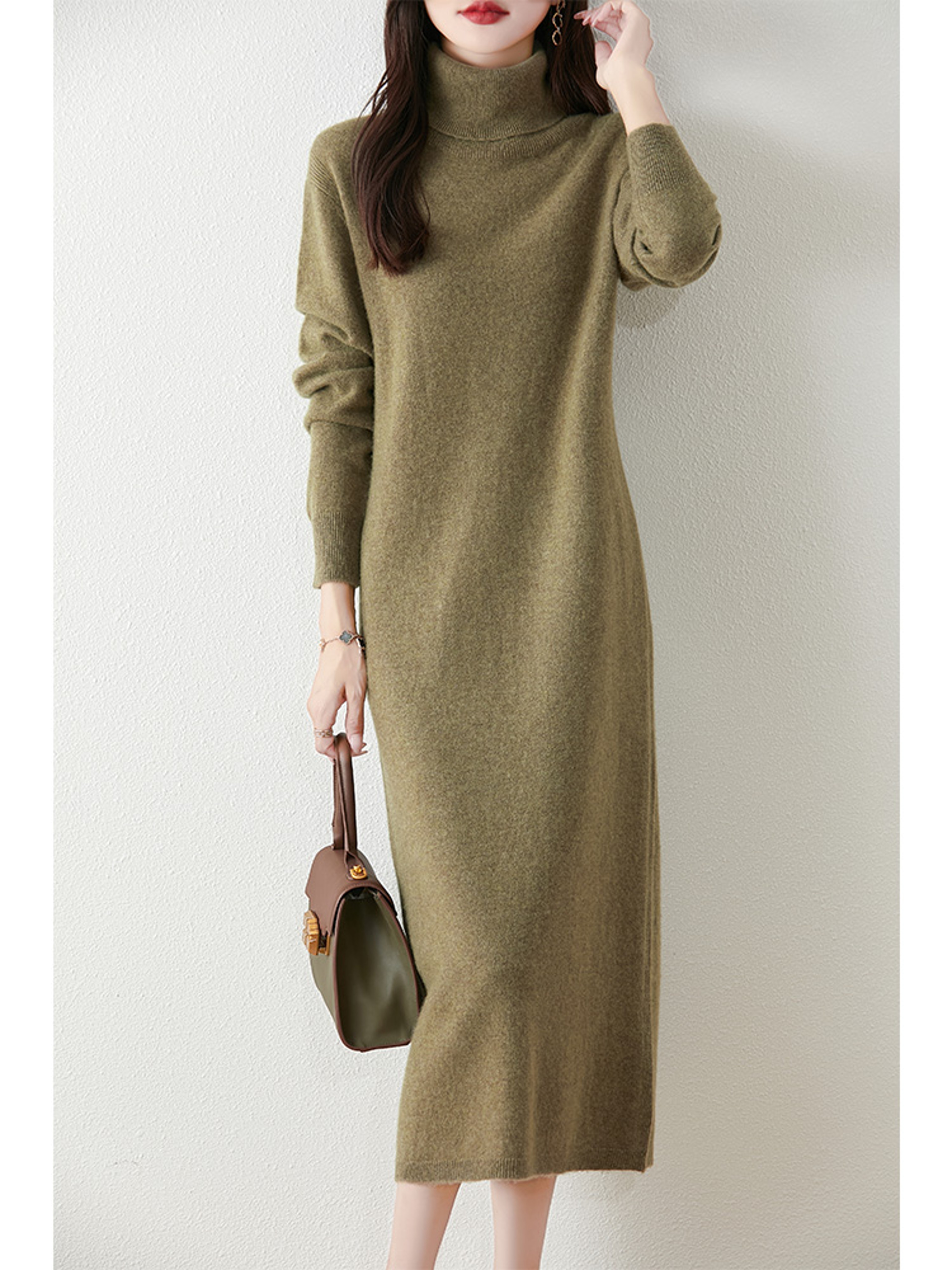 Autumn Winter Women Wool Sweater Dress Pullovers Turtleneck Straight Skirts Cashmere Versatile Merino Knitwear Dress – view 2