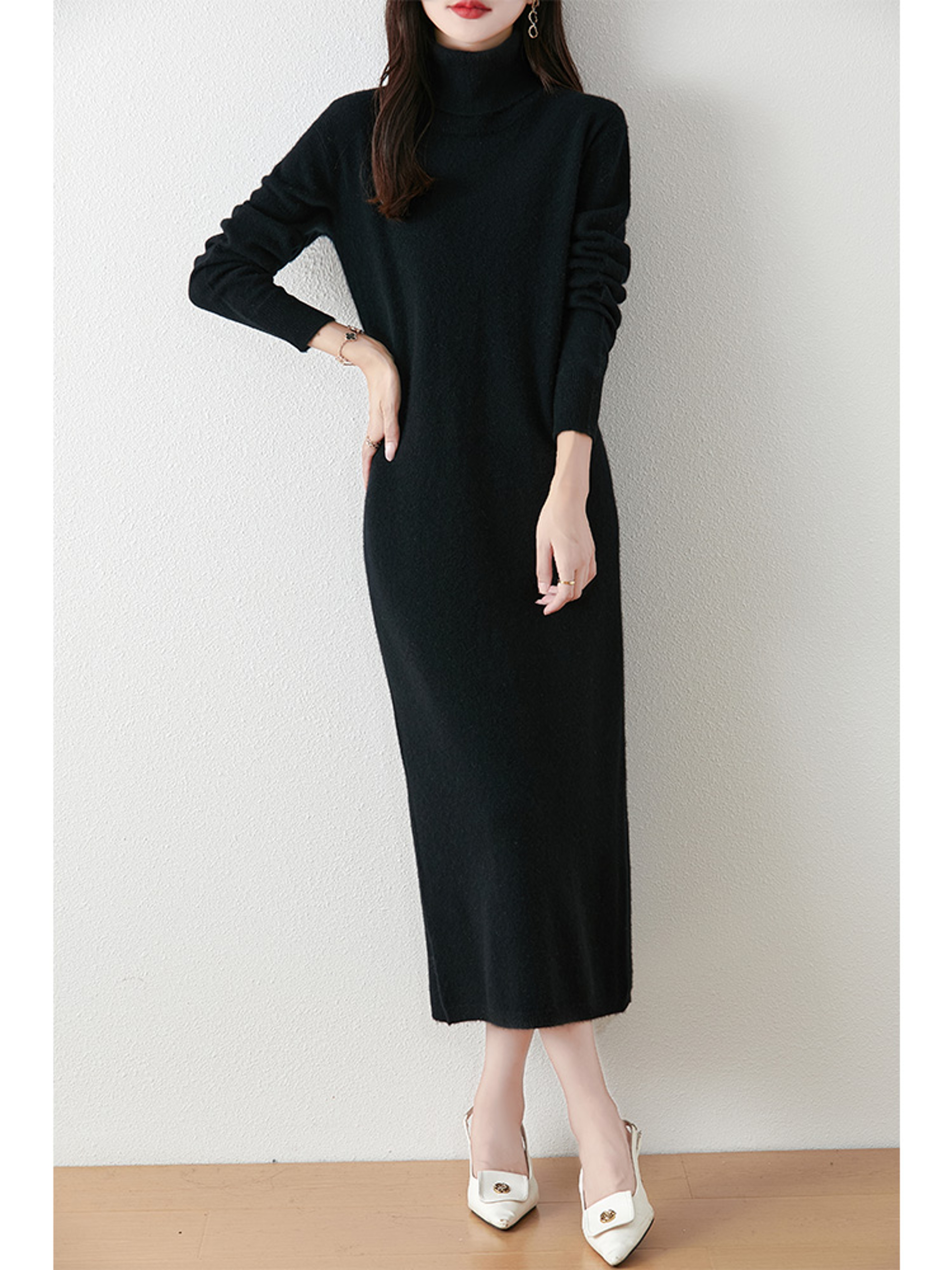 Autumn Winter Women Wool Sweater Dress Pullovers Turtleneck Straight Skirts Cashmere Versatile Merino Knitwear Dress – view 8