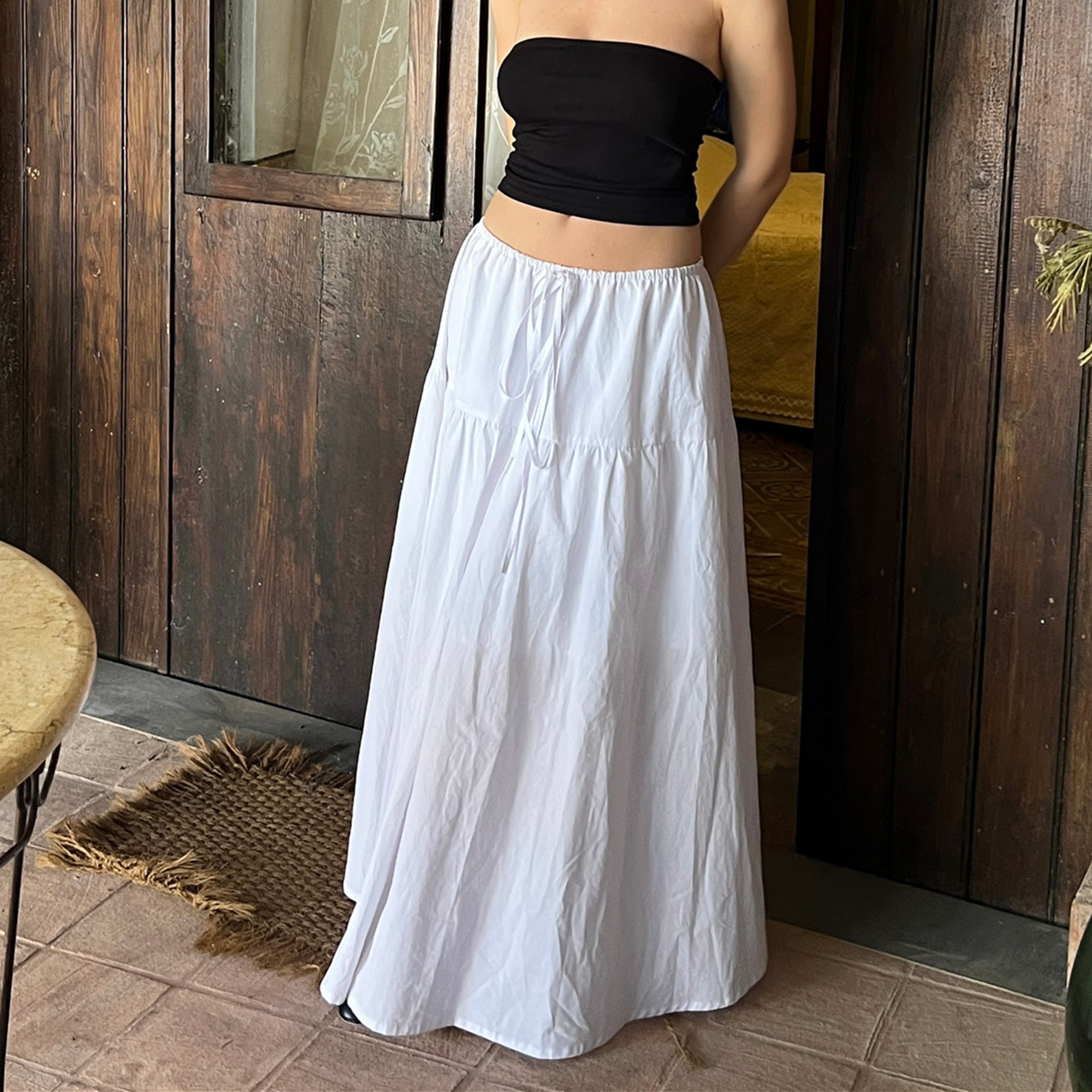 Ruffle Long Skirt for Women, Flowy A-Line Tiered Maxi Midi Skirt, Elastic Waist Drawstring Summer Vacation Beachwear – view 1