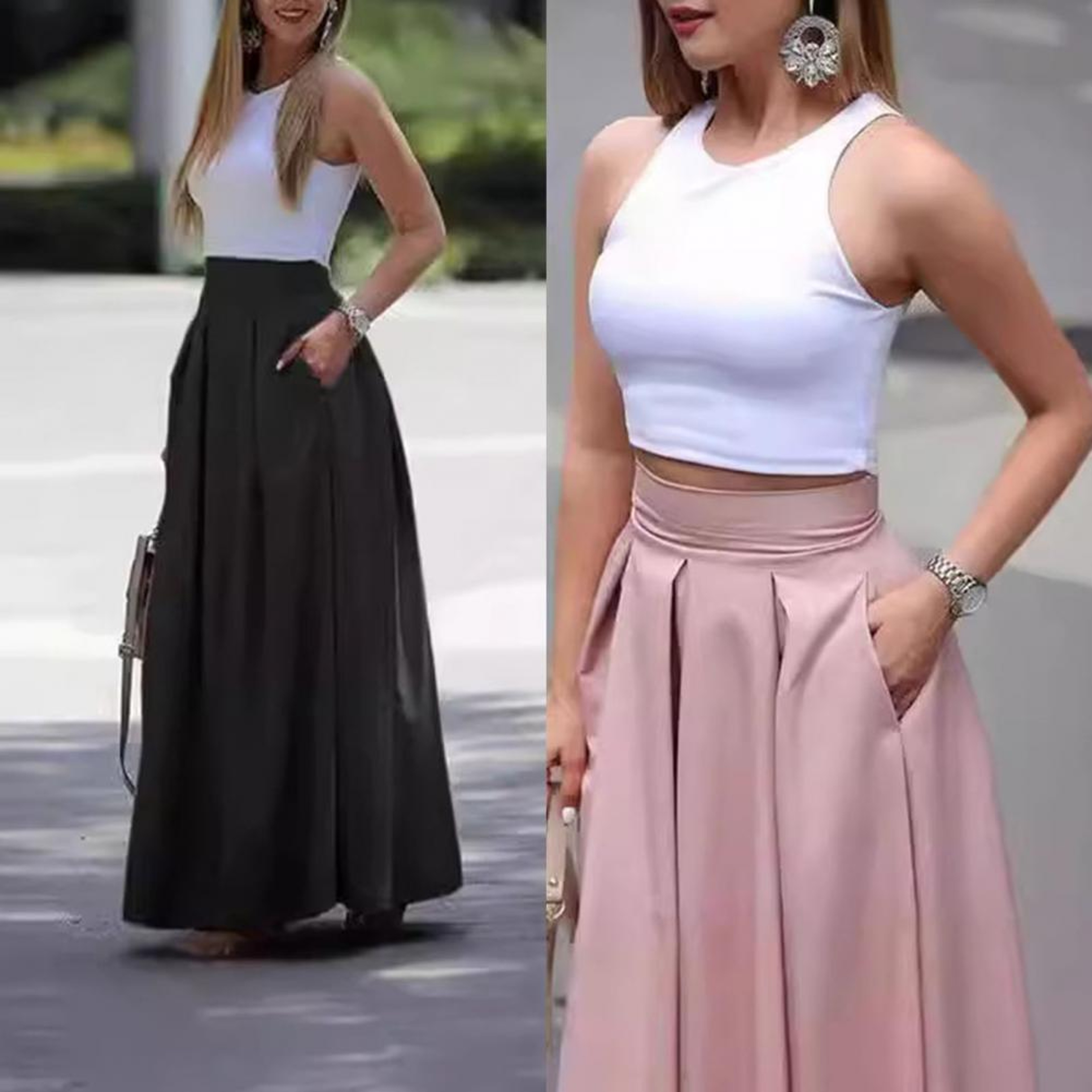 Elegant Flowy High Waist Maxi Skirt for Women, Long Skirt with Pockets, Breathable Slimming Fit for Partie – view 3
