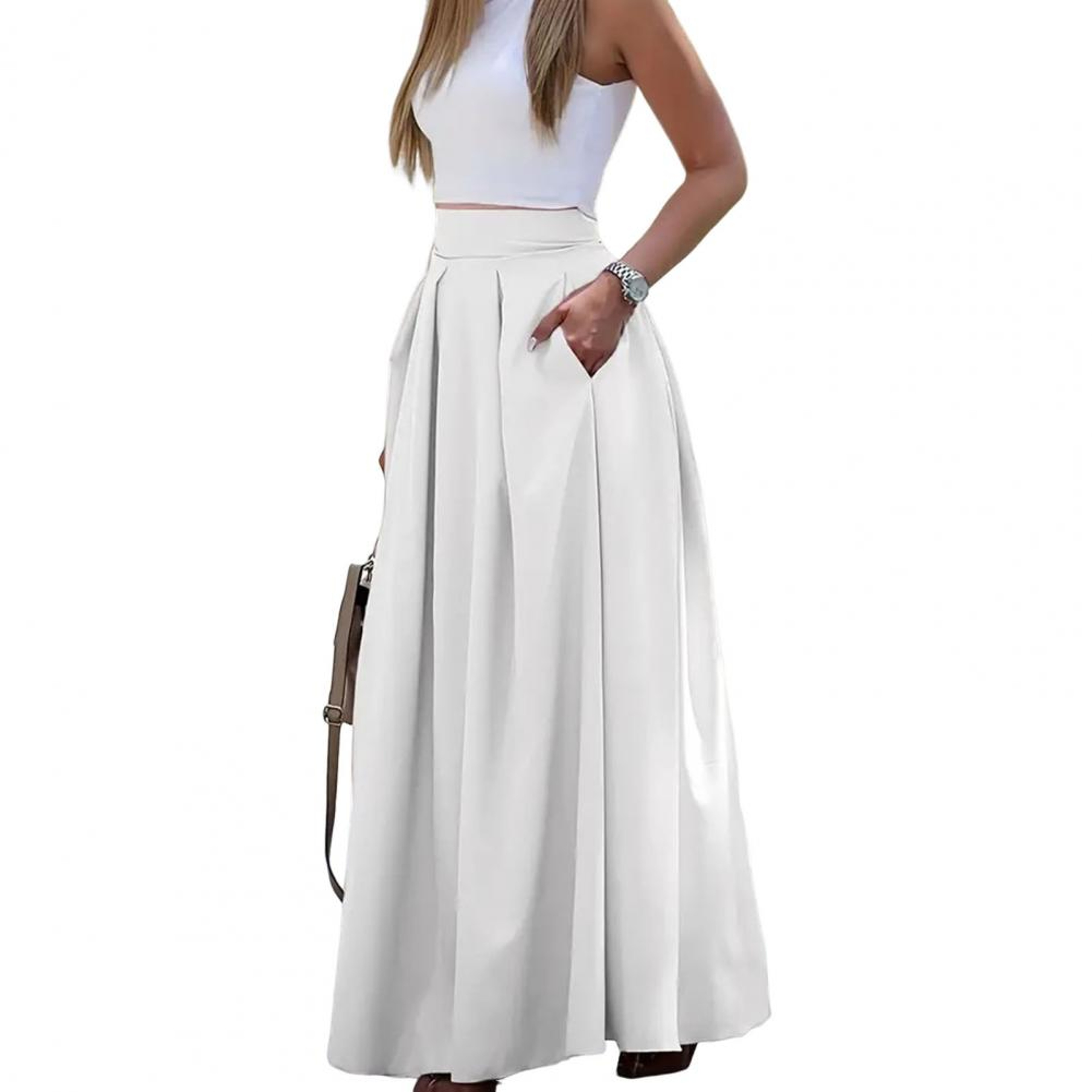 Elegant Flowy High Waist Maxi Skirt for Women, Long Skirt with Pockets, Breathable Slimming Fit for Partie – view 9