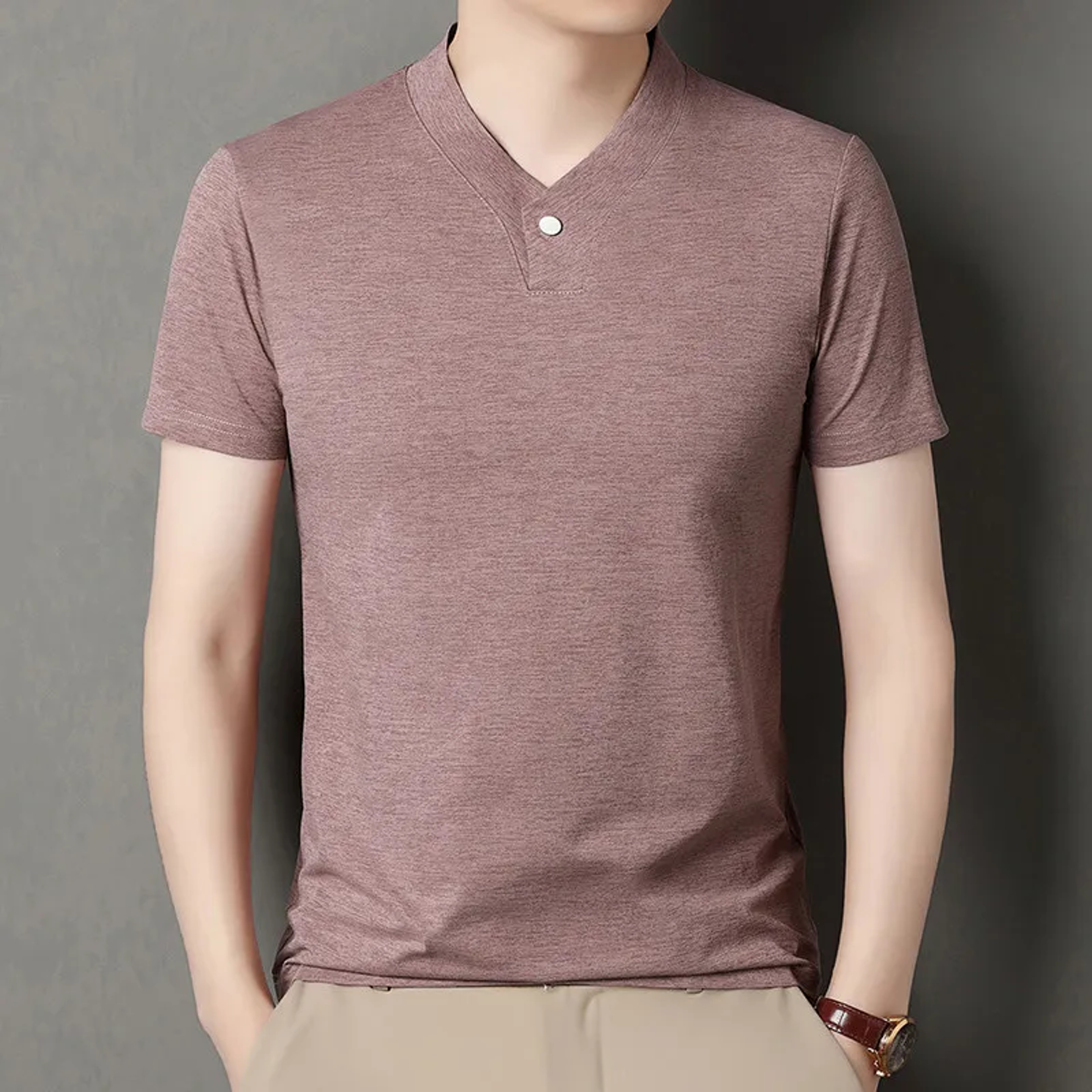 Korean Style Men's Casual V Neck Short Sleeve T Shirt Breathable One Button Summer Top – view 8