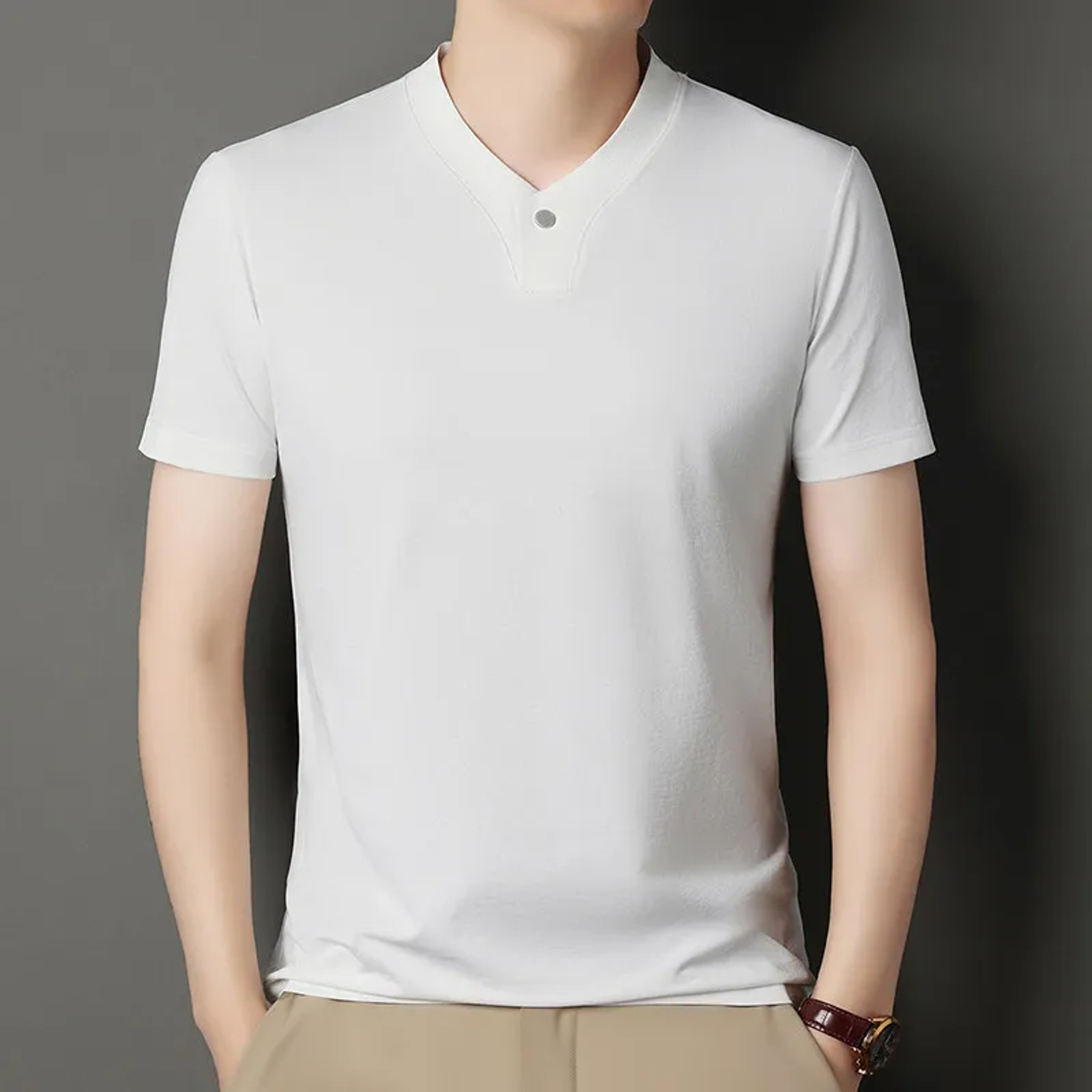 Korean Style Men's Casual V Neck Short Sleeve T Shirt Breathable One Button Summer Top – view 10