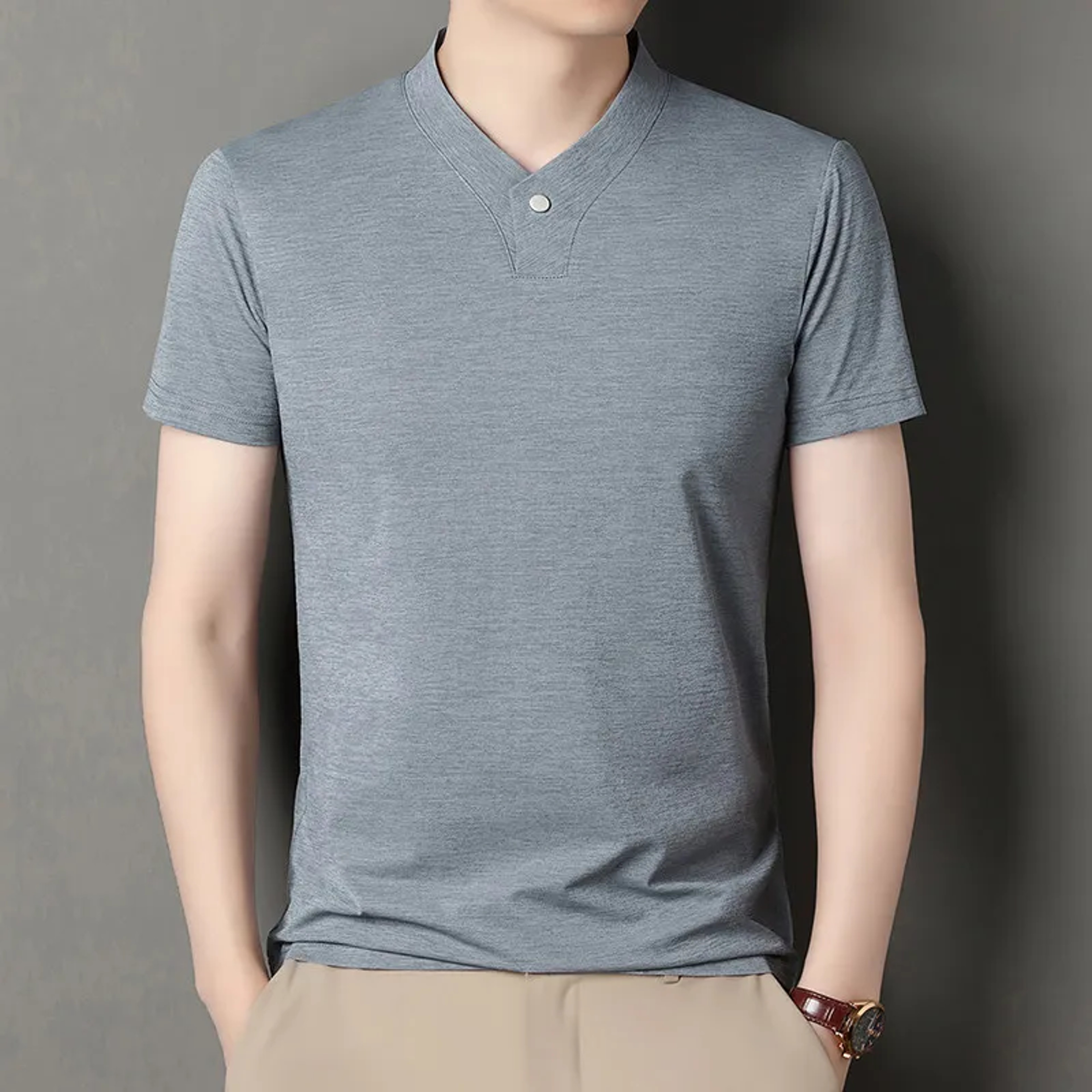 Korean Style Men's Casual V Neck Short Sleeve T Shirt Breathable One Button Summer Top – view 12