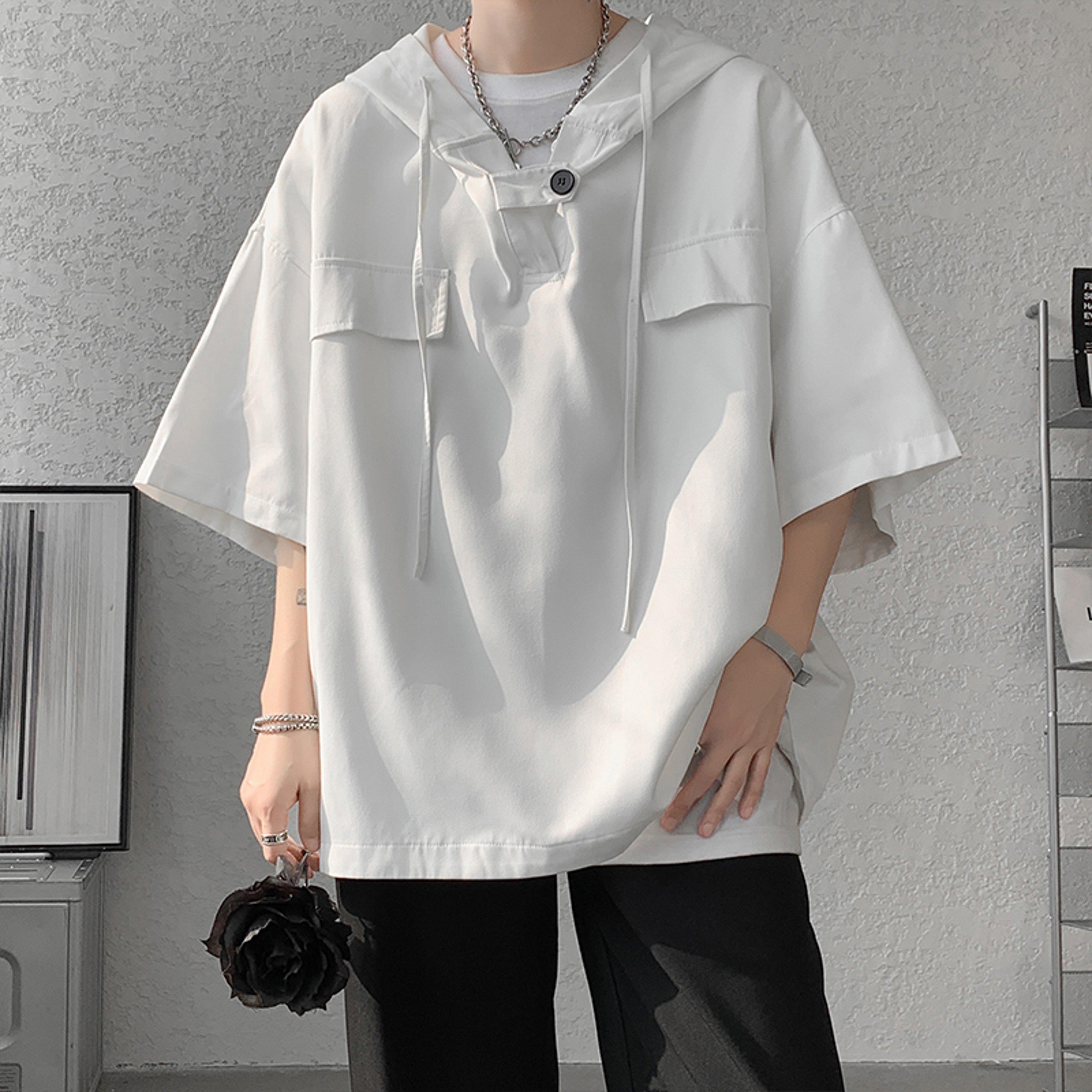 Mens Korean Style Hooded TShirt Loose Casual Streetwear Pullover 7