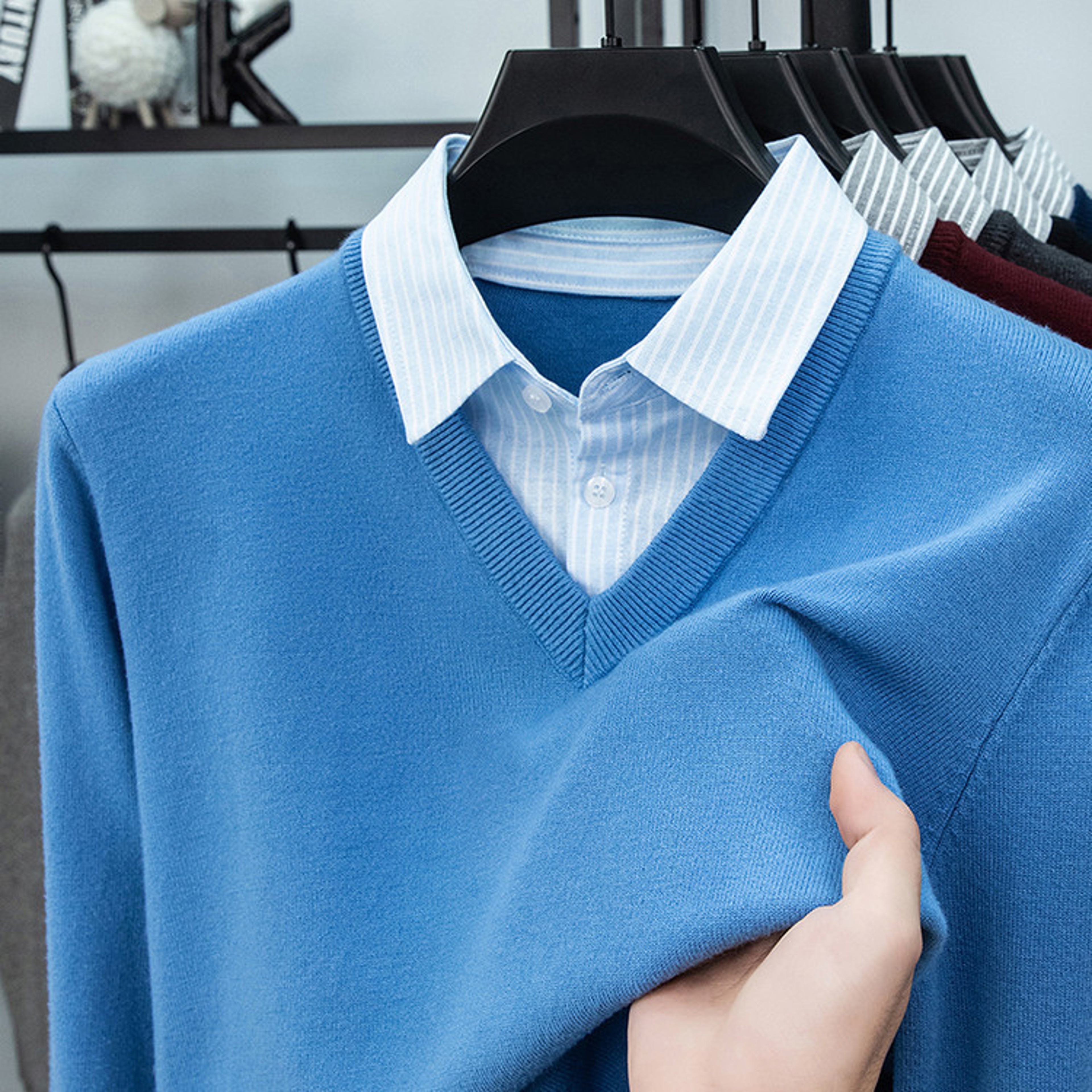 Mens Faux Two Piece Shirt Collar Knit Sweater Premium Stretch Slim Fit Business Casual Pullover 6