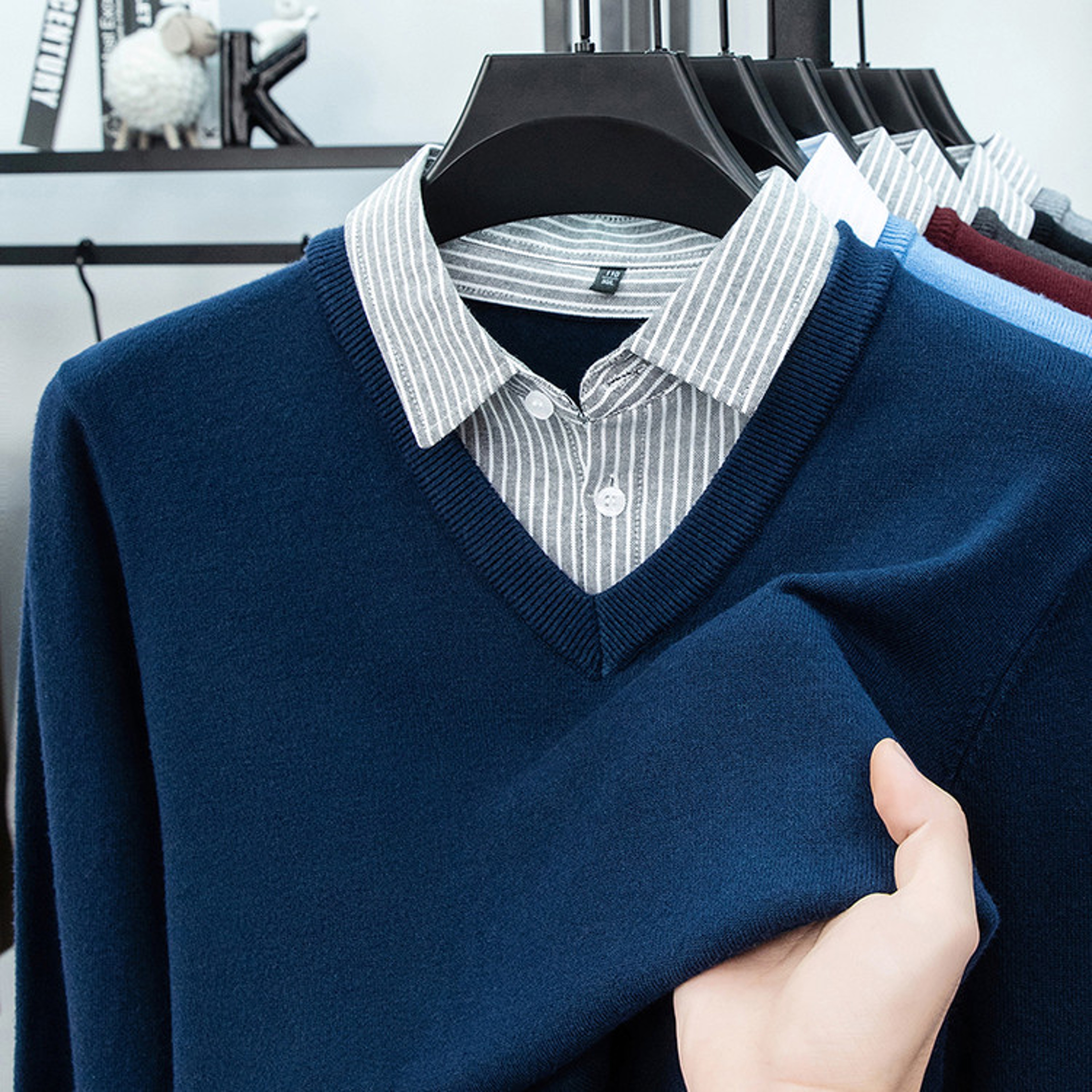 Mens Faux Two Piece Shirt Collar Knit Sweater Premium Stretch Slim Fit Business Casual Pullover 8
