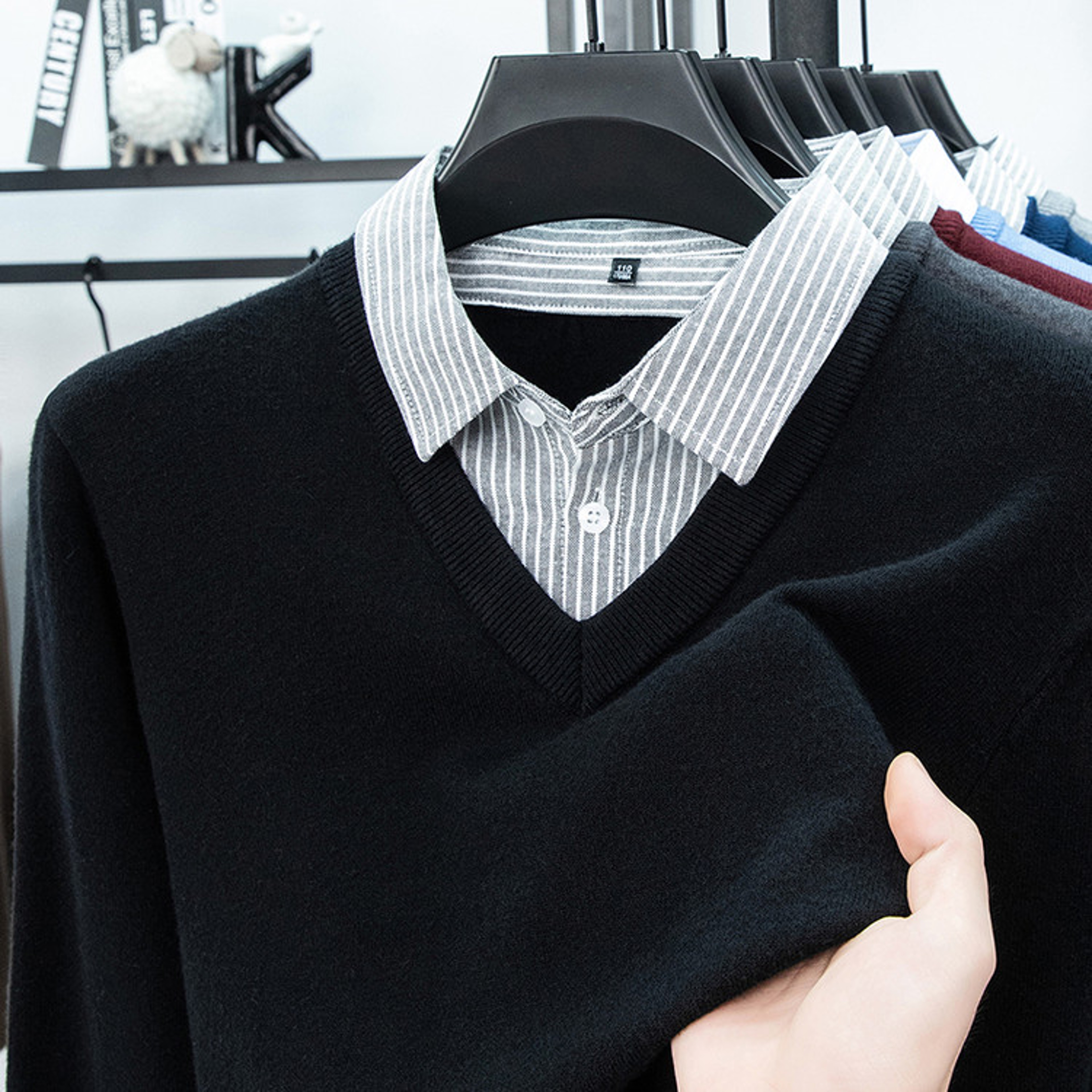 Mens Faux Two Piece Shirt Collar Knit Sweater Premium Stretch Slim Fit Business Casual Pullover 9