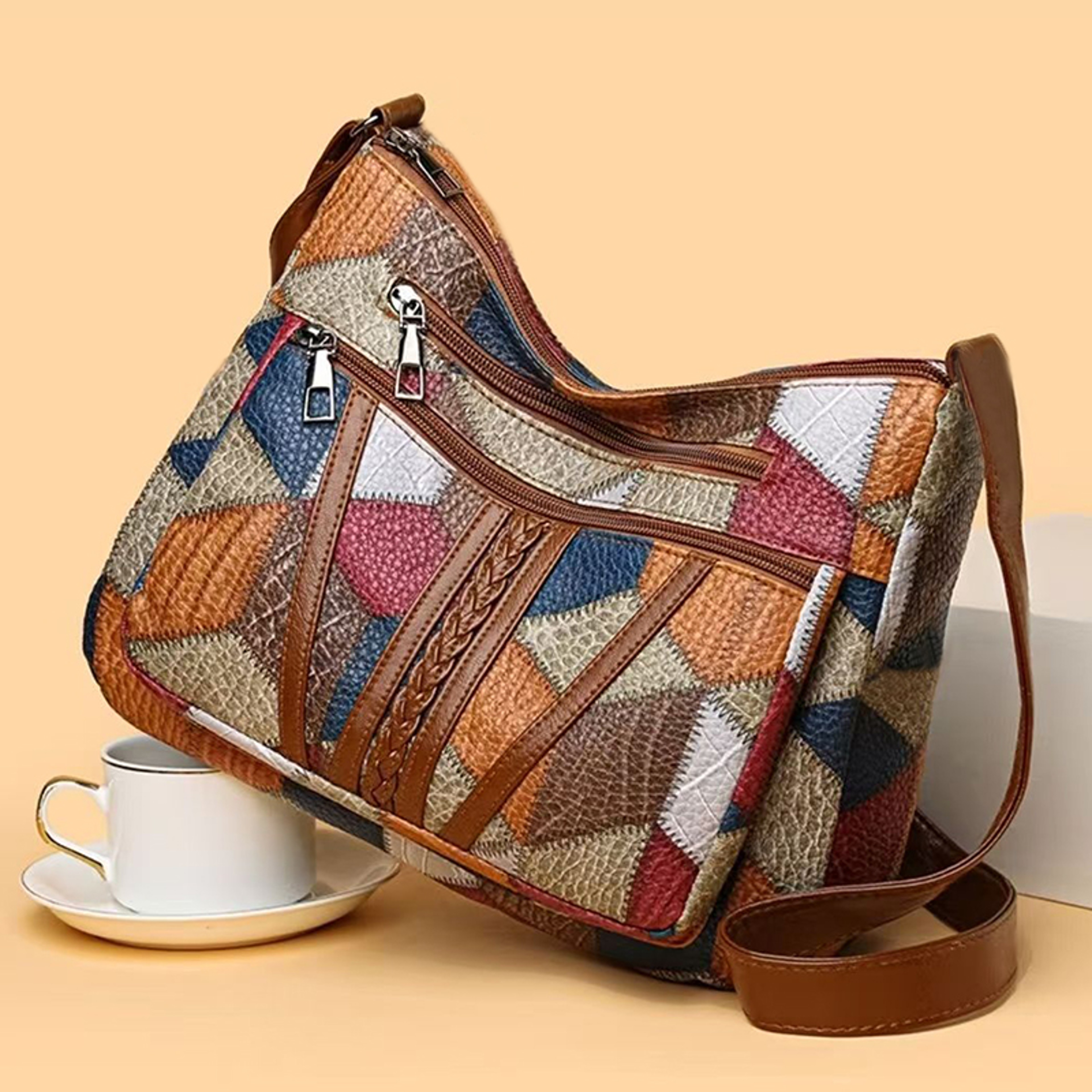 Chic Patchwork Diaper Bag Backpack Fashionable Multi Functional Shoulder Bag For Moms 2