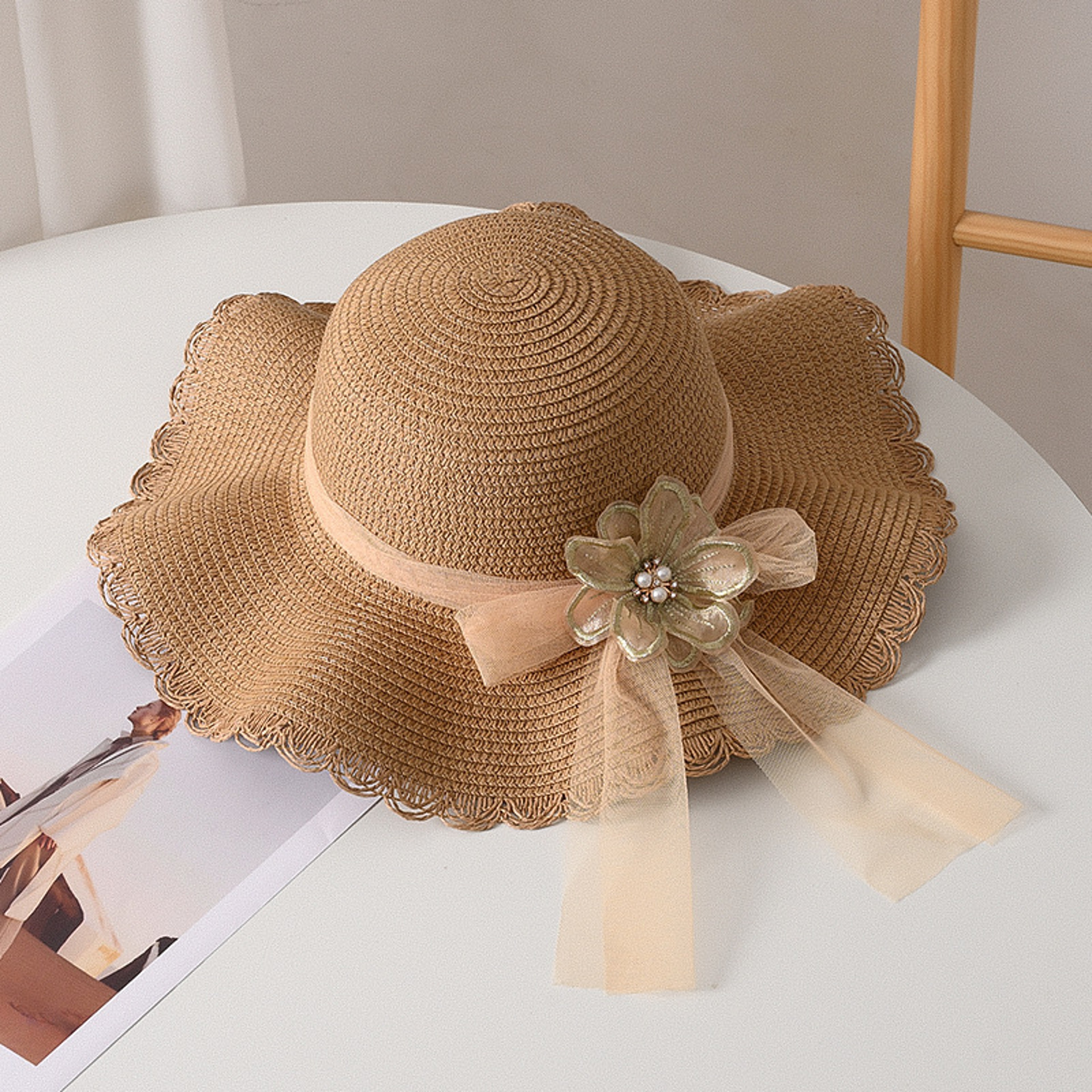 Floral Mesh Wide Brim Straw Sun Hat - Foldable Packable Beach Cap for Women – view 9