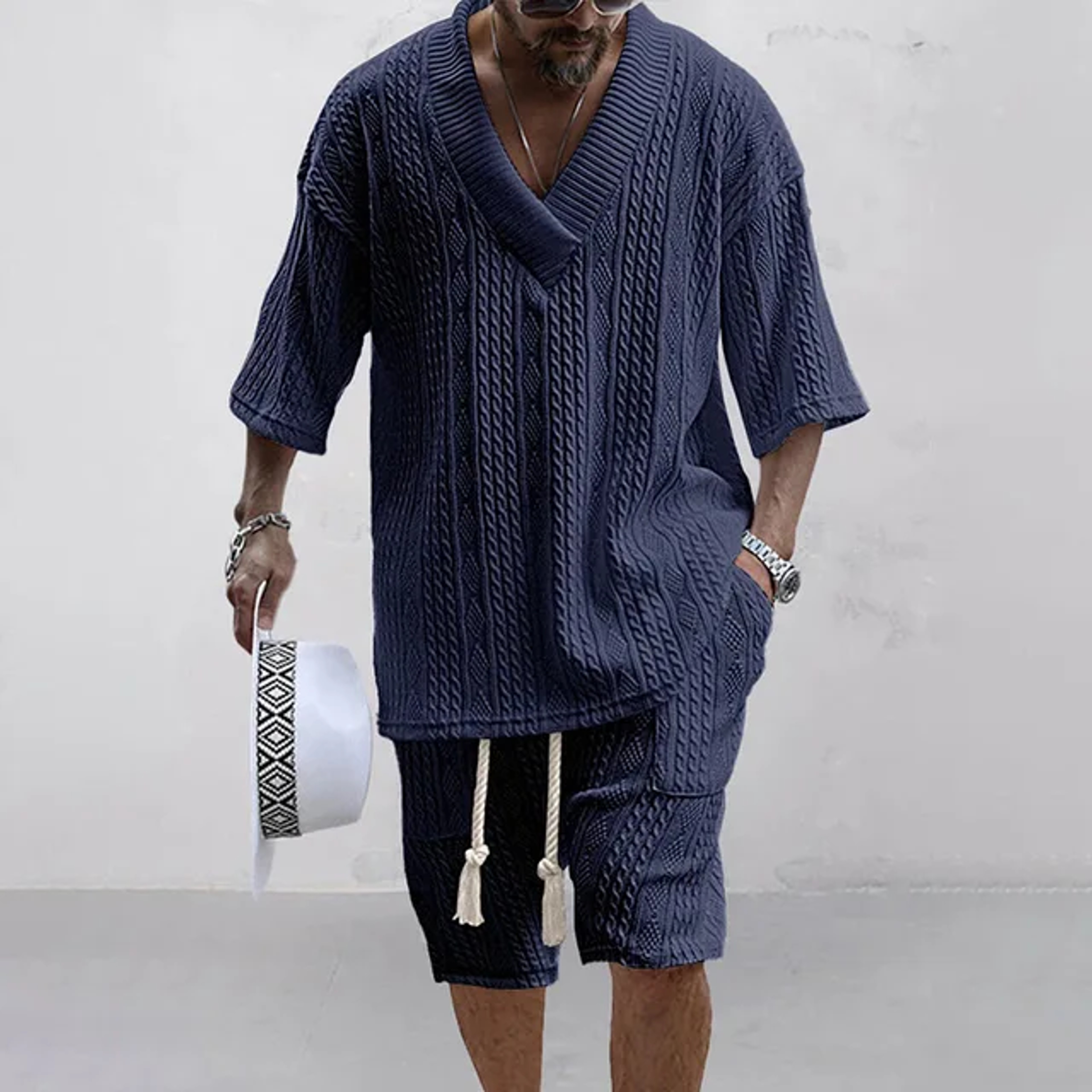 Mens Knit Two Piece Set Casual Short Sleeve V Neck Shirt  Shorts 3