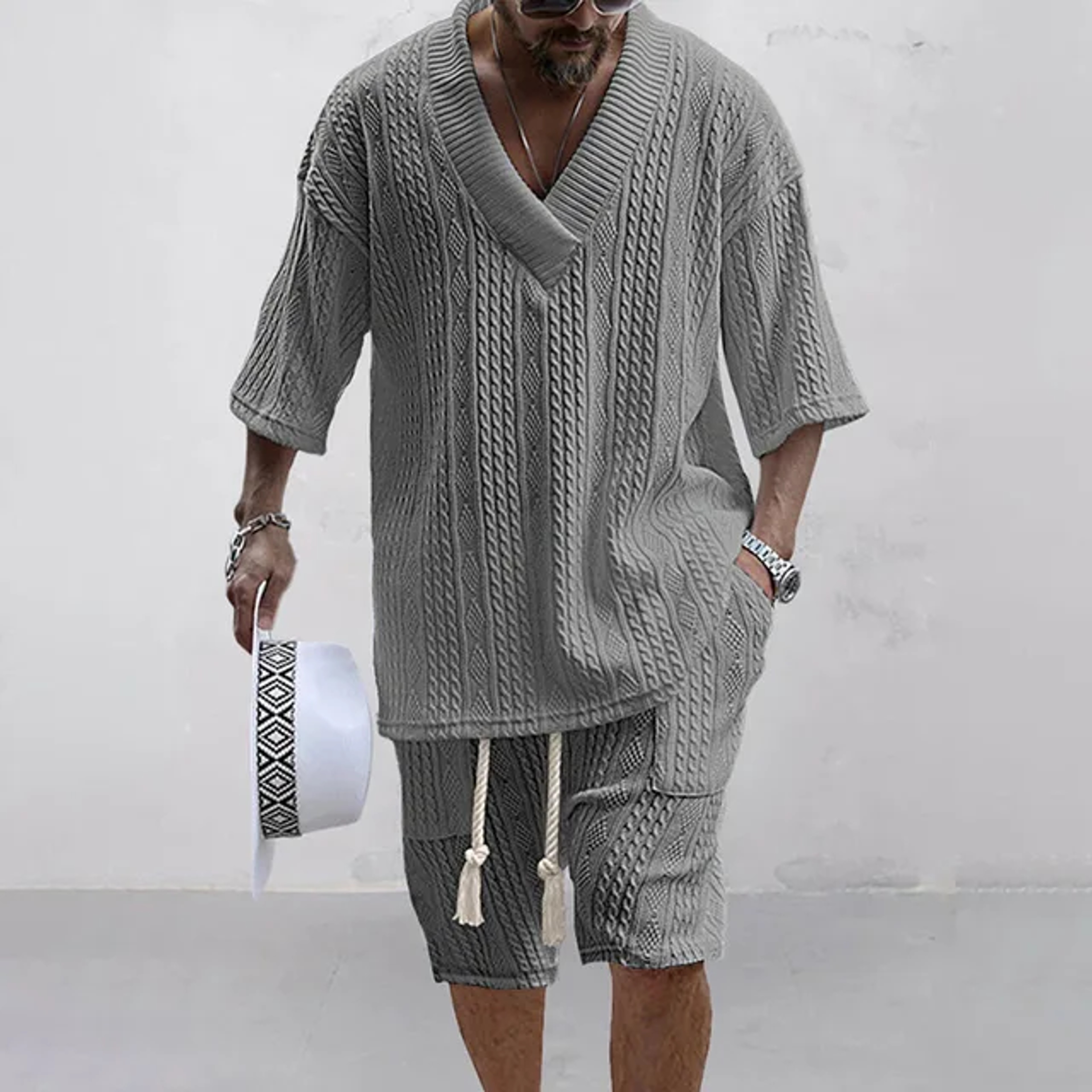 Mens Knit Two Piece Set Casual Short Sleeve V Neck Shirt  Shorts 4
