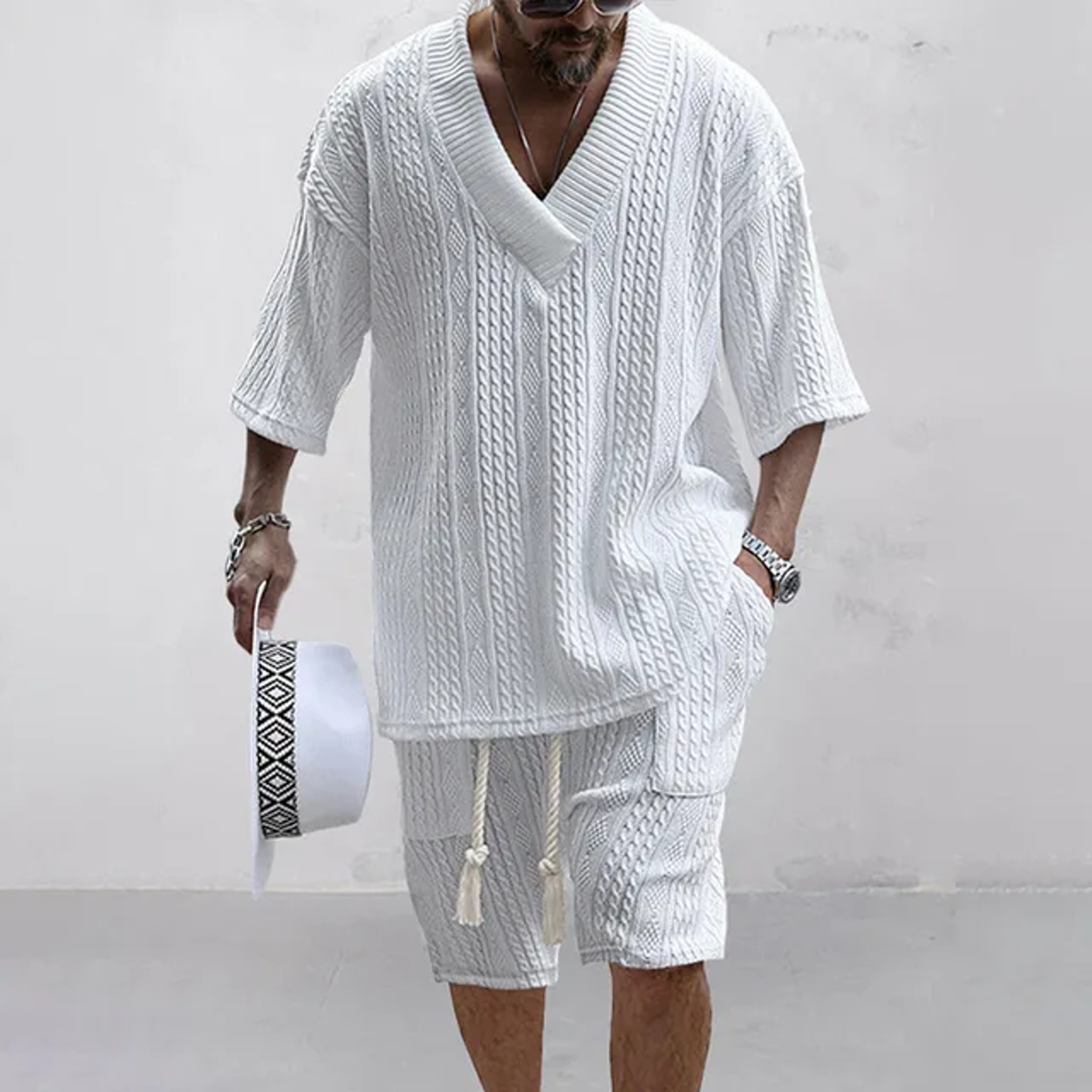 Mens Knit Two Piece Set Casual Short Sleeve V Neck Shirt  Shorts 1